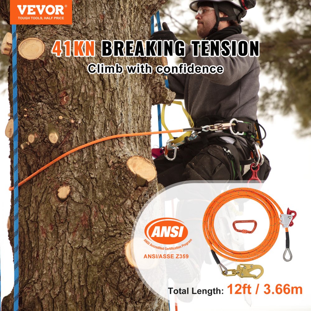 VEVOR Kit Corda Arrampicata Nucleo in Filo Acciaio Diametro 16 mm Kit Flipline 3,66 m per Arrampicata Gancio a Scatto in Lega di Acciaio Moschettone in Lega di Alluminio Tensione Rottura 41 KN