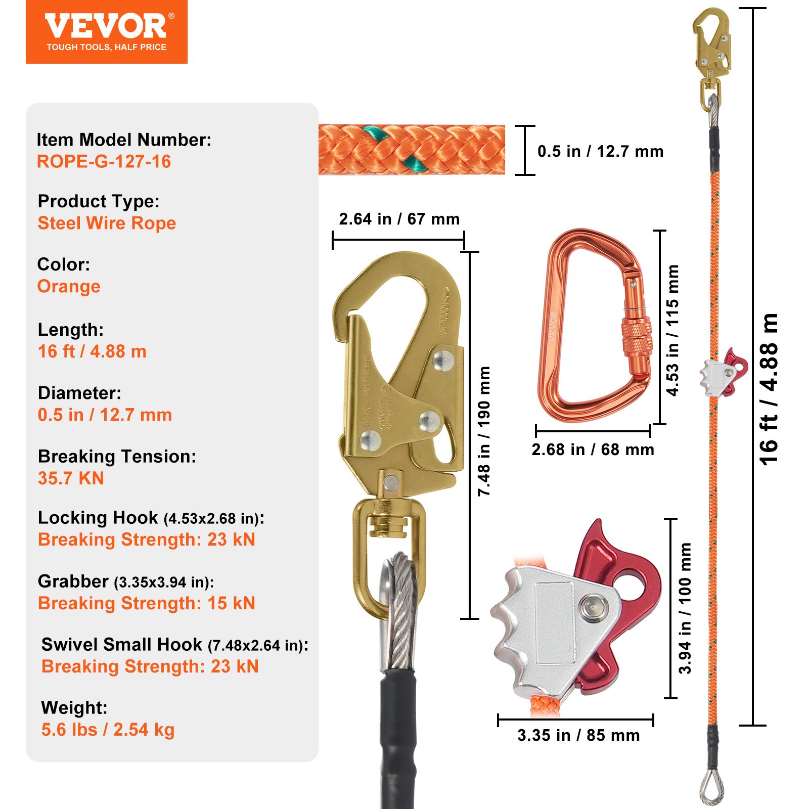 VEVOR Kit Corda Arrampicata Nucleo in Filo Acciaio Diametro 12,7 mm Kit Flipline 4,88 m per Arrampicata Gancio a Scatto in Lega di Acciaio Moschettone in Lega di Alluminio Tensione Rottura 35,7KN