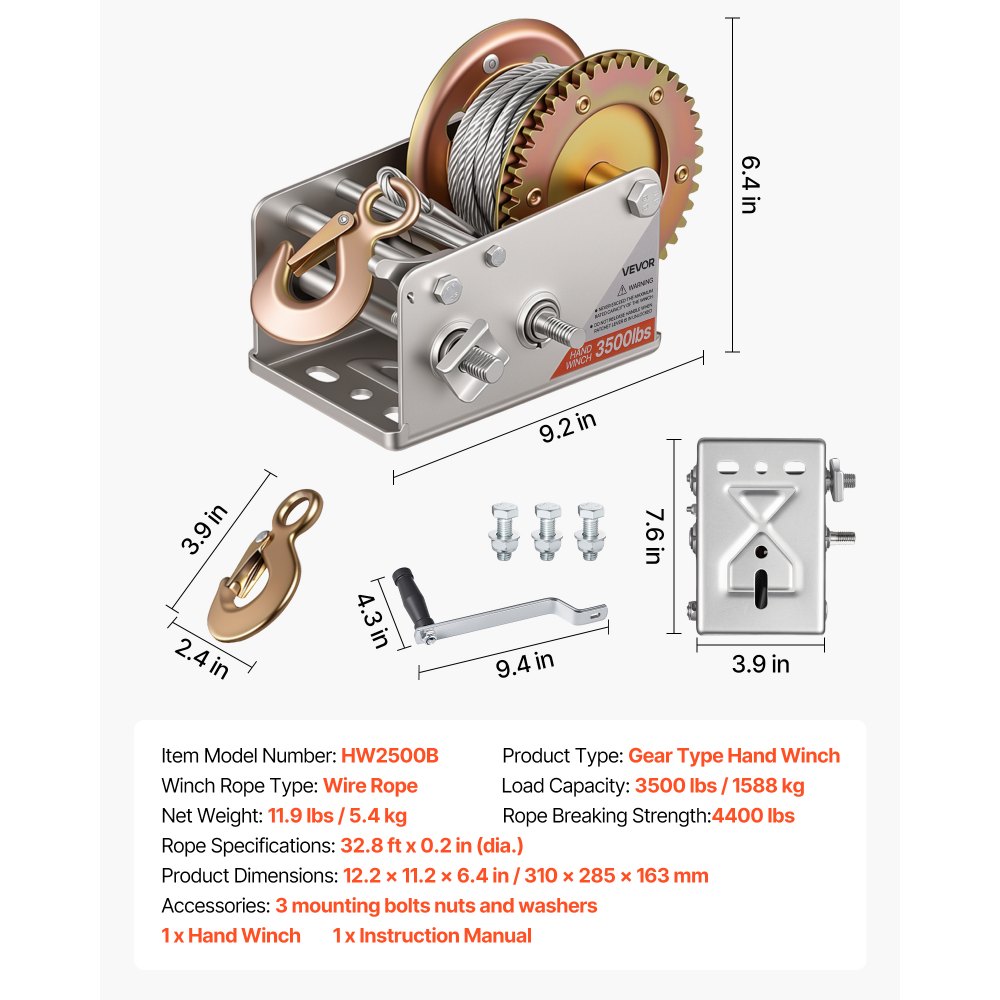 VEVOR Boat Winch, 1588 kg Hand Winch, Heavy Duty Manual Rope Crank with 10m Steel Wire, Portable Two-Way Ratchet, 2 Speed Switchable, Anti-Slip Handle Gear for Boat Trailer ATV Towing