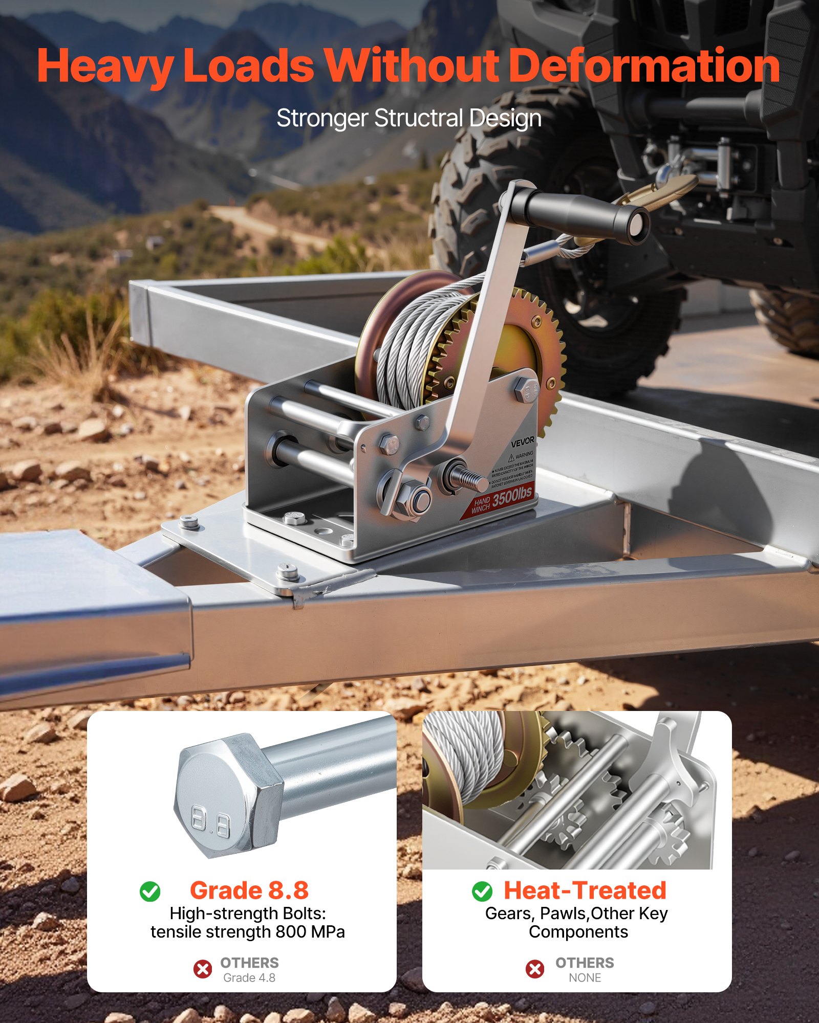 VEVOR Boat Winch, 1588 kg Hand Winch, Heavy Duty Manual Rope Crank with 10m Steel Wire, Portable Two-Way Ratchet, 2 Speed Switchable, Anti-Slip Handle Gear for Boat Trailer ATV Towing