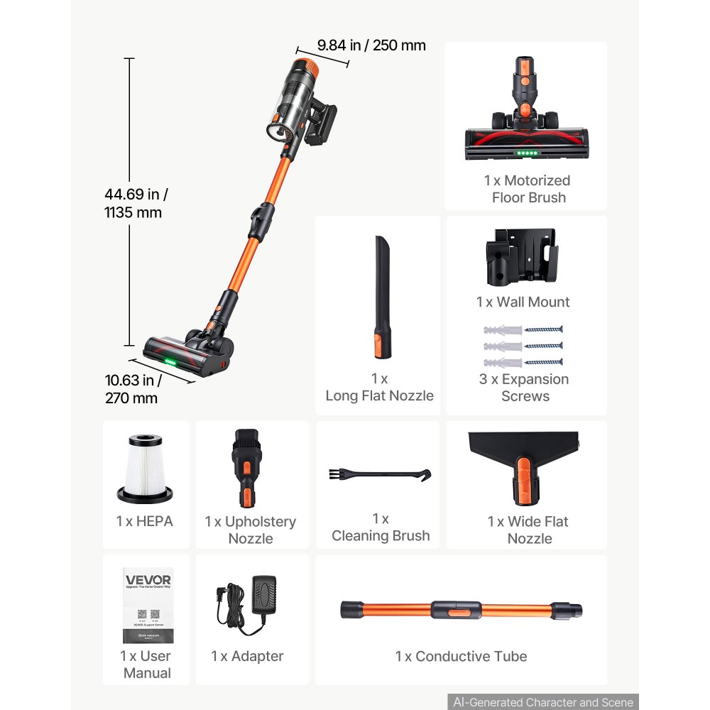 VEVOR Aspirapolvere Senza Fili Potenza Motore 600W 50kPA Autonomia 50 Min, a Bastone, per Pavimenti Duri Tappeti e Peli di Animali, Ricaricabile, Leggero e Portatile, con Display a LED e 4 Testine