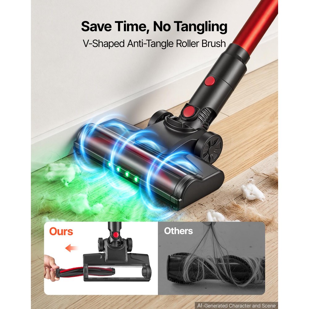 VEVOR Aspirapolvere Senza Fili a Bastone con Potenza Motore 400W 40kPA, per Pavimenti Duri Tappeti e Peli di Animali Domestici, Autonomia 45 Min, Ricaricabile Portatile, Display a LED e 4 Testine