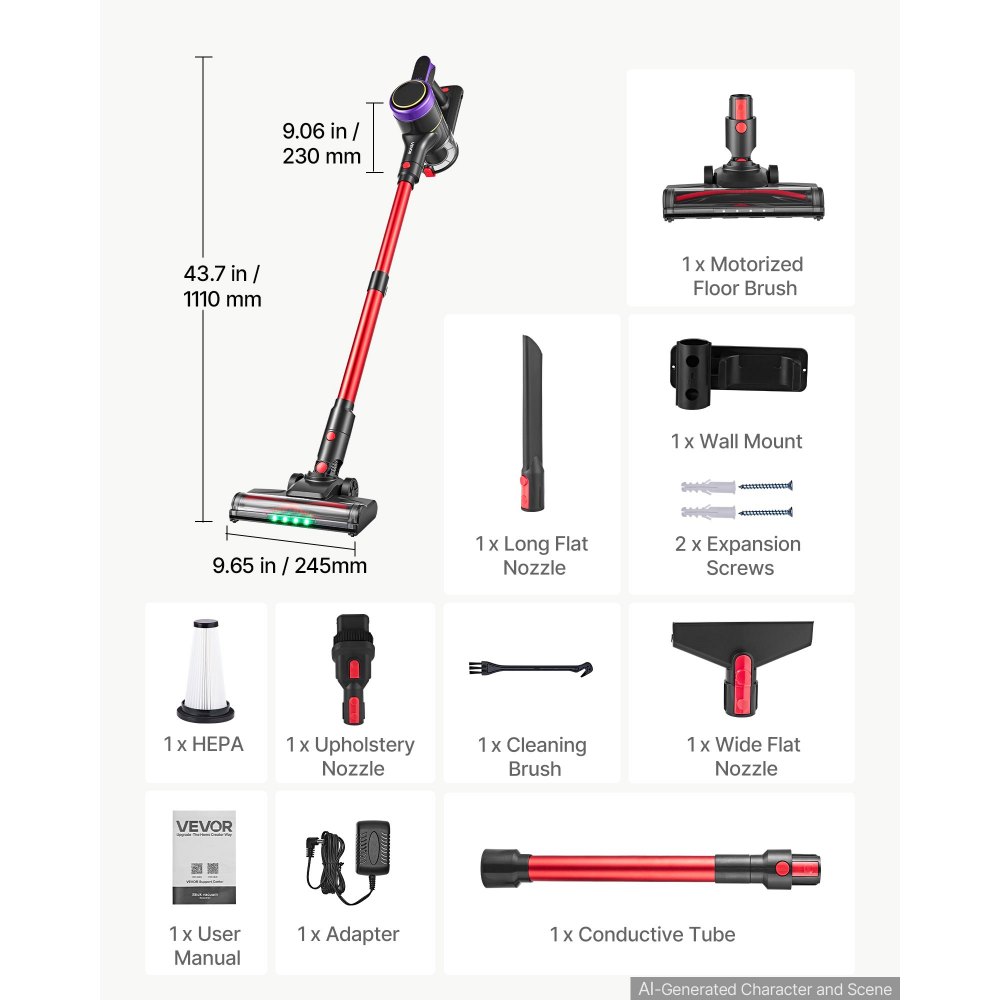 VEVOR Aspirapolvere Senza Fili a Bastone con Potenza Motore 400W 40kPA, per Pavimenti Duri Tappeti e Peli di Animali Domestici, Autonomia 45 Min, Ricaricabile Portatile, Display a LED e 4 Testine