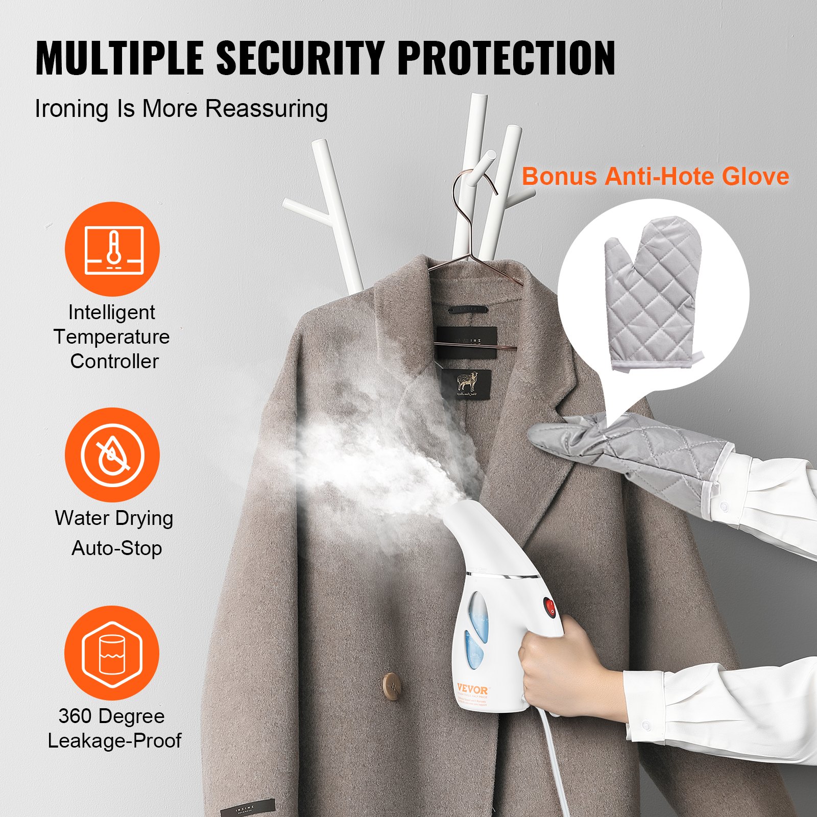 VEVOR Vaporizzatore Verticale Portatile per Indumenti da 800 W con Serbatoio dell'Acqua da 240 ml Cavo Lungo Riscaldamento Rapido per la Rimozione Rapida di Rughe Vestiti Camicie Uso Viaggio a Casa