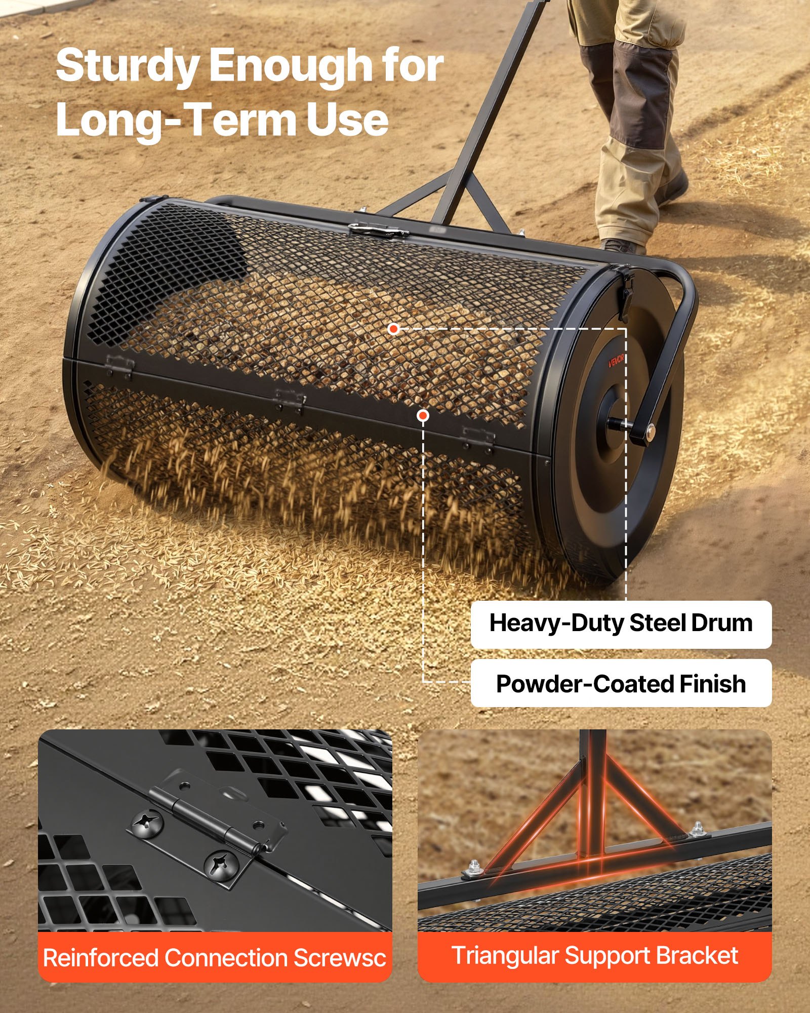 VEVOR Spargitore a Rullo per Compost, Spargiconcime per Terreno Larghezza 91 cm con Rullo a Rete per Distribuzione di Muschio da Prato Maniglia a Spinta Altezza Regolabile, Spandiconcime per Prato
