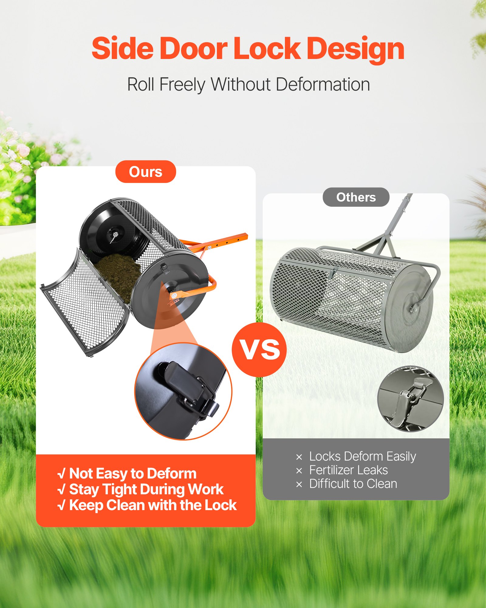 VEVOR Spandiconcime a Rullo, Spandiconcime per Torba 67 x 41 cm con Manico a T, Rullo per Torba da Giardino in Acciaio Verniciato Regolabile in 3 Altezze, per Semi di Erba per Piantare e Seminare