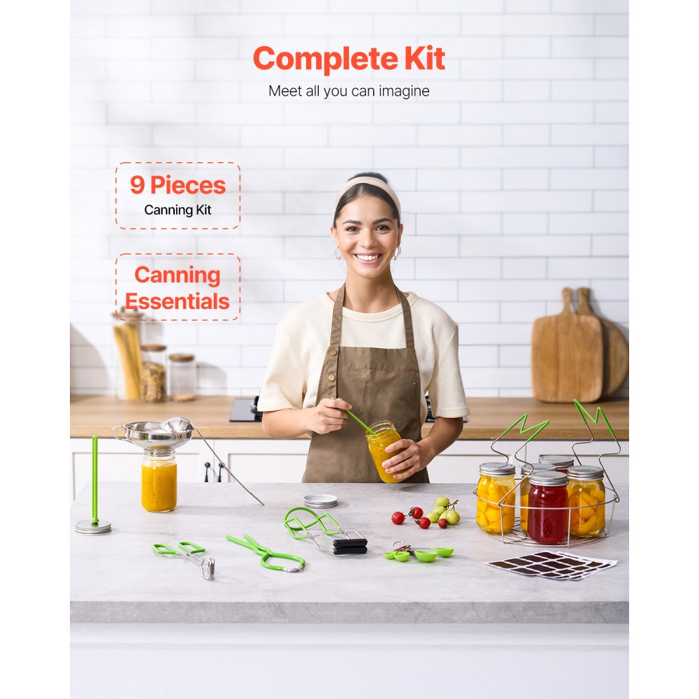 VEVOR Kit di Base per Forniture per Inscatolamento, 9 Pezzi, Set per Conservazione Domestica, Griglia, Mestolo, Cucchiaio Dosatore, Imbuto, Pinze, Sollevatore per Barattoli, Chiave per Barattoli
