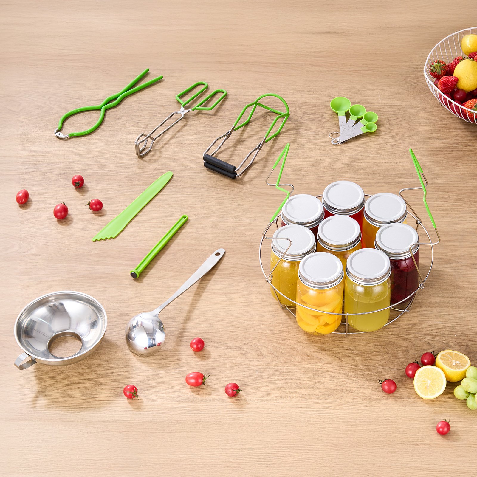 VEVOR Kit di Base per Forniture per Inscatolamento, 9 Pezzi, Set per Conservazione Domestica, Griglia, Mestolo, Cucchiaio Dosatore, Imbuto, Pinze, Sollevatore per Barattoli, Chiave per Barattoli