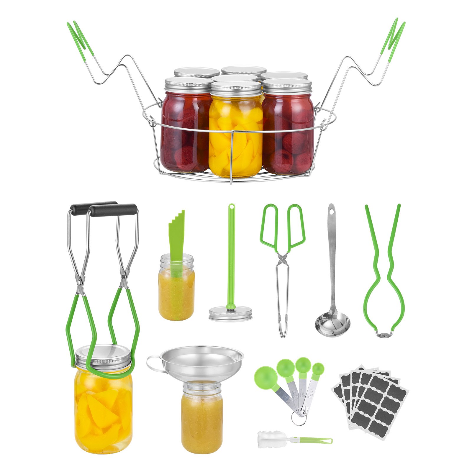 VEVOR Kit di Base per Forniture per Inscatolamento, 9 Pezzi, Set per Conservazione Domestica, Griglia, Mestolo, Cucchiaio Dosatore, Imbuto, Pinze, Sollevatore per Barattoli, Chiave per Barattoli