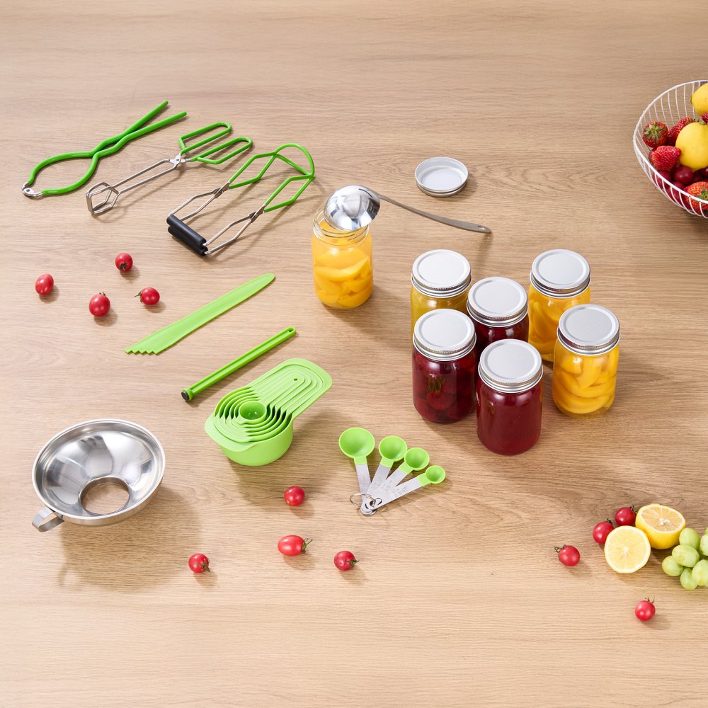 VEVOR Kit di Base per Forniture per Inscatolamento, 9 Pezzi, Set per Conservazione Domestica, Mestolo, Cucchiaio Dosatore e Tazza, Imbuto, Pinze, Sollevatore per Barattoli, Chiave per Barattoli