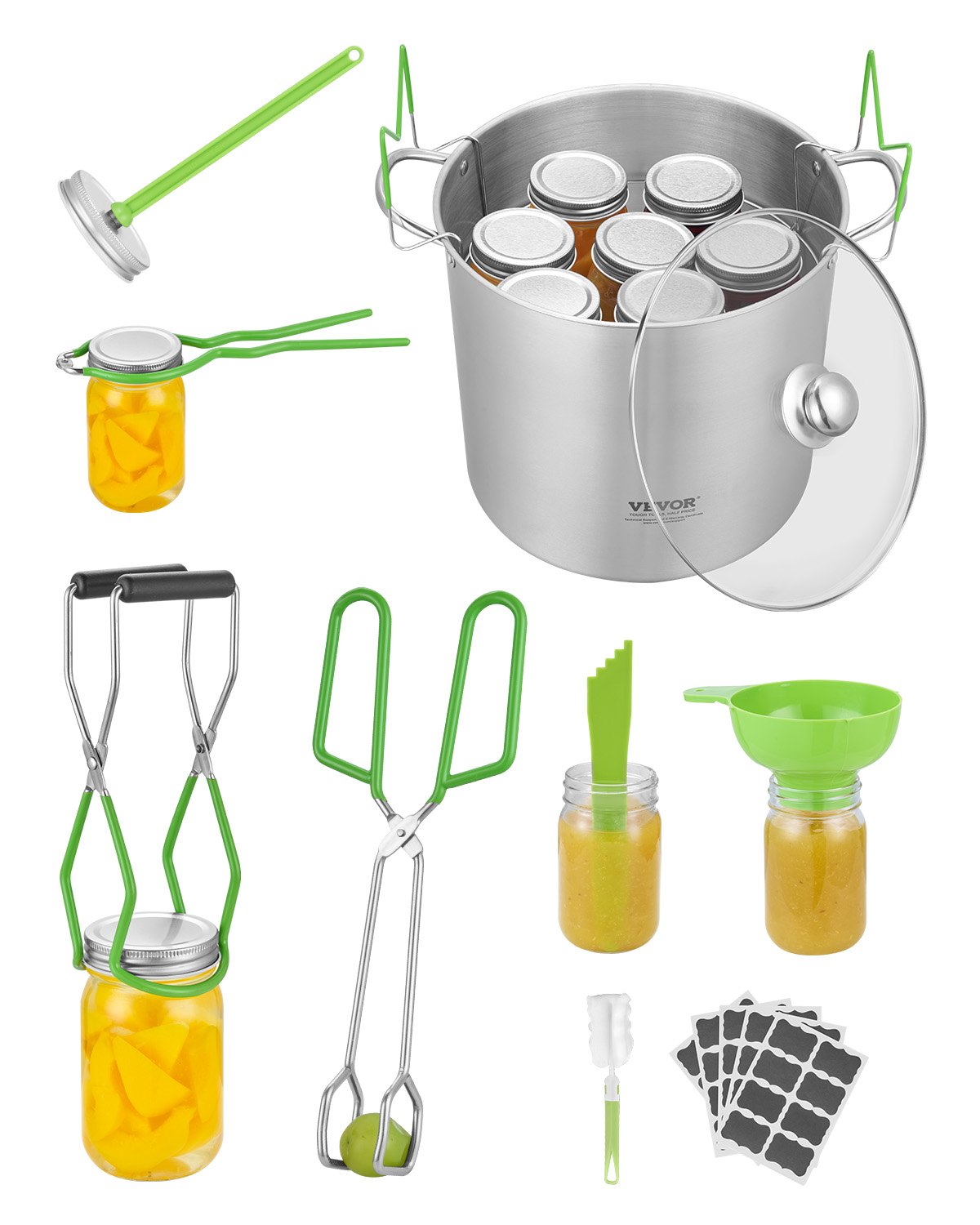 VEVOR Canning Accessories Starter Kit 9-piece Canning Tool Set (Pot, Stainless Steel Shelf, Glass Lid, PP Funnel, Tongs, Jar Lifter, Wrench, Magnetic Lid Lifter, Bubble Attachment)