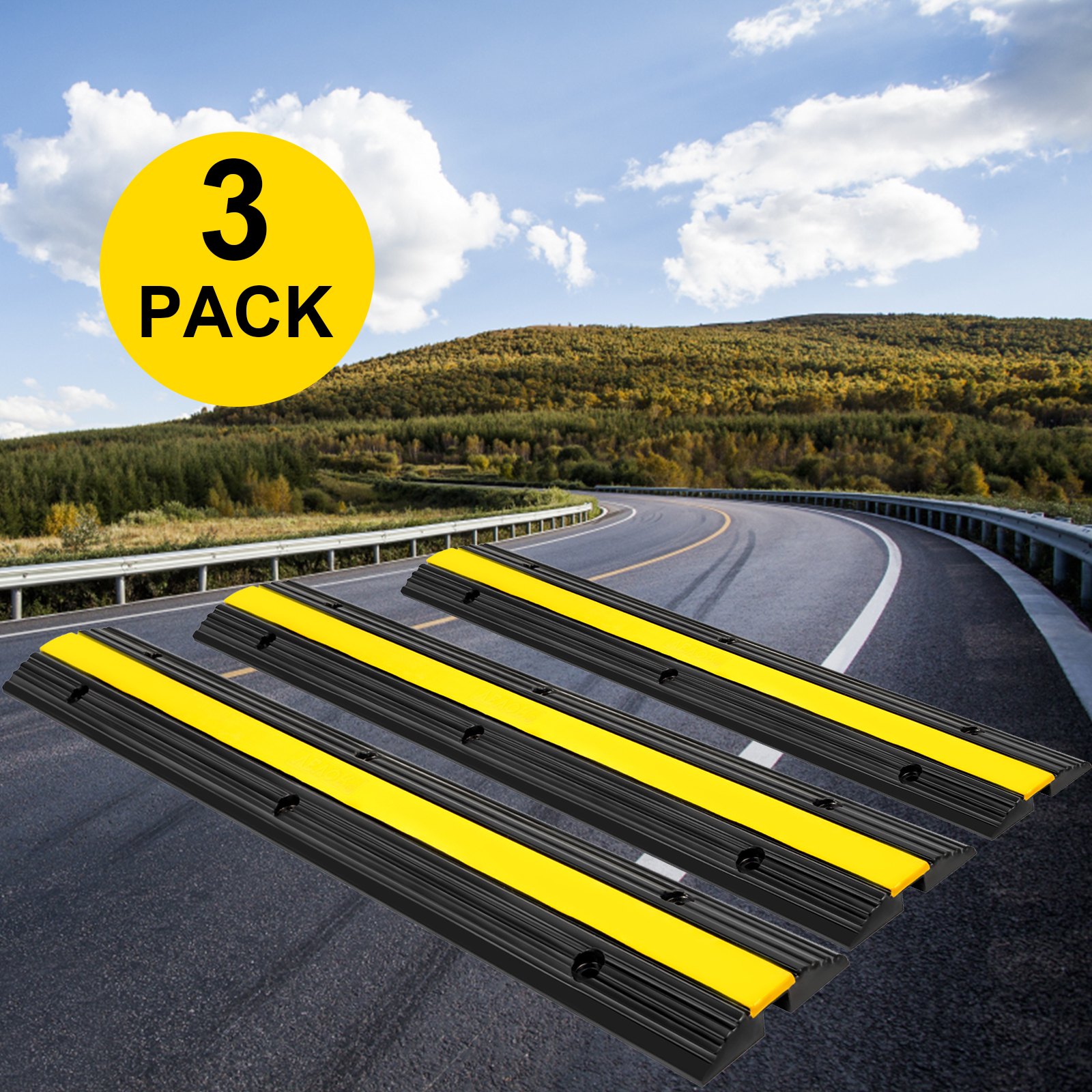 VEVOR Rampa Modulare per Condotto 1 Canale, Protezione Cavo in Gomma e PVC Carico 8.164 kg, Rampa di Protezione per Cavi in Nero Giallo da 3 Pezzi Uso in Parcheggi, Magazzini, Palchi, Scuole, Hotel