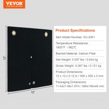 VEVOR Coperta per Saldatura Ignifuga, 305x305mm Coperta Antincendio in Fibra di Carbonio Resistente al Calore 982 ℃ Tappetino di Protezione Torcia Propano con Occhielli in Metallo per Tubi in Rame