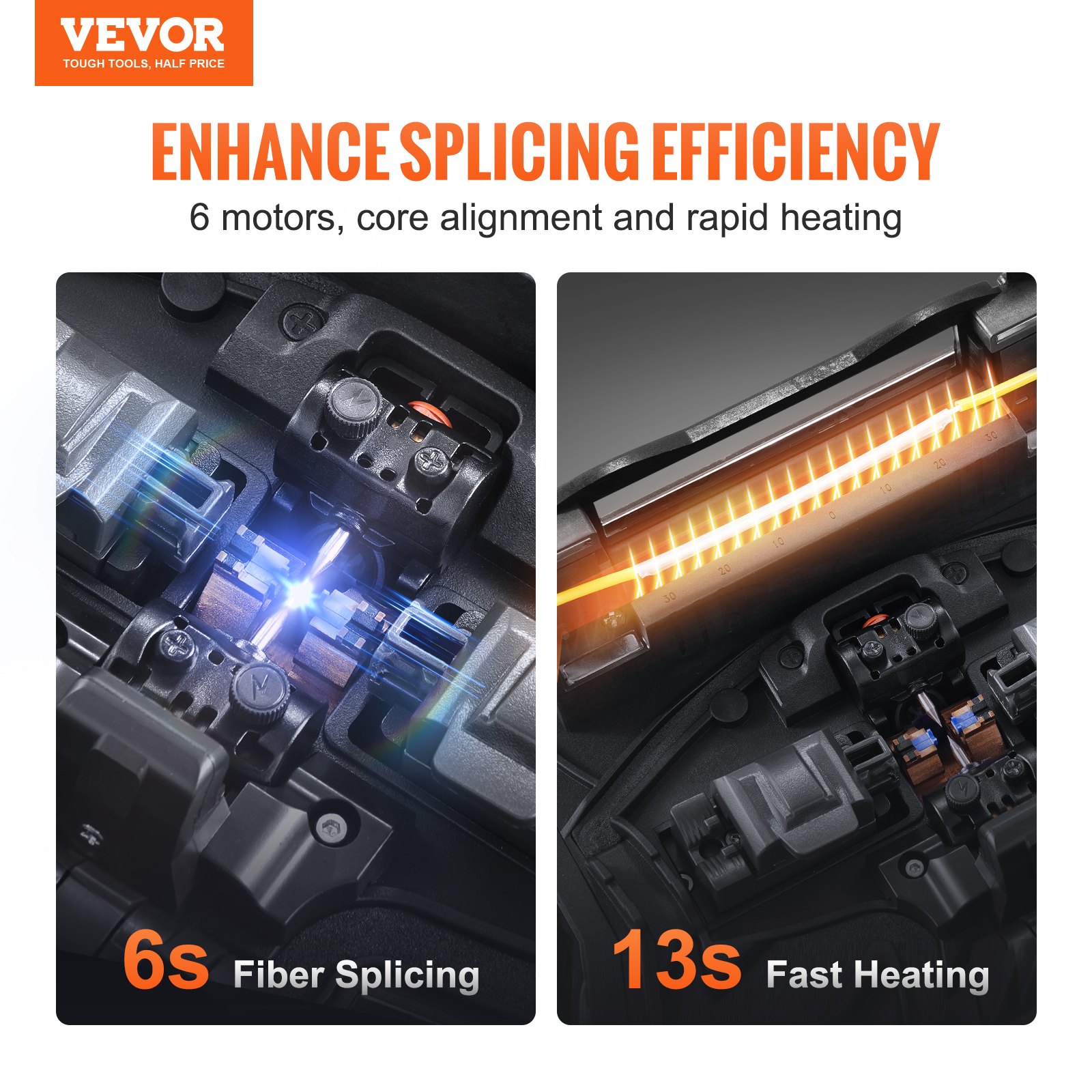 VEVOR Giuntatrice a Fusione di Fibra 6 Motori con Allineamento di Nucleo, Giunzione 6s e Riscaldamento 13s, Macchina Giuntatrice per Fibra con Touch Screen 12,7 cm, Batteria 7800 mAh per SM MM DS NZDS