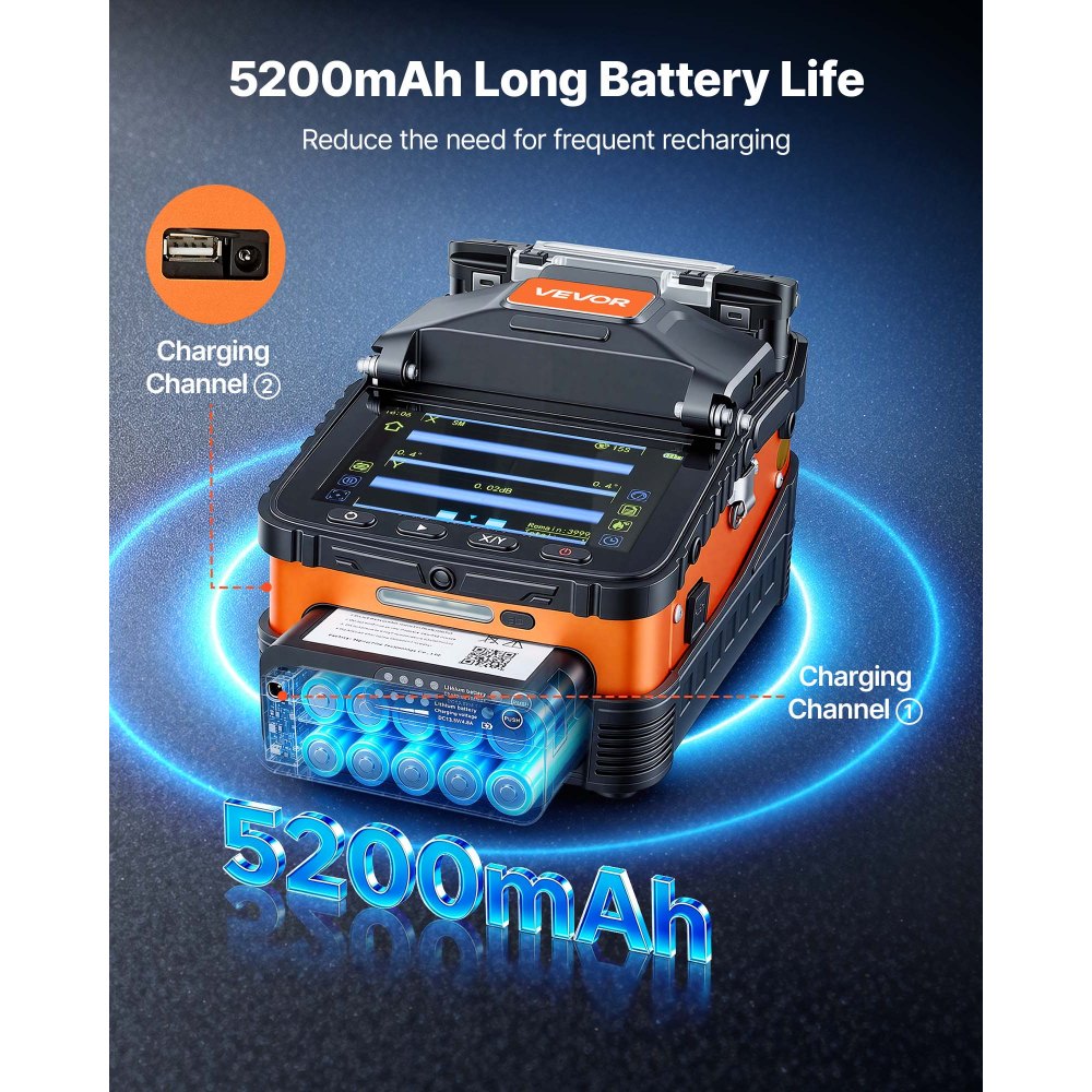 VEVOR Giuntatrice per Fibra Ottica AI-6C a 6 Motori, Batteria da 5200 mAh, Tempo di Giunzione di 8 s e Riscaldamento di 18 s Allineamento del Nucleo Touchscreen da 5 Pollici Supporto Universale 3 in 1