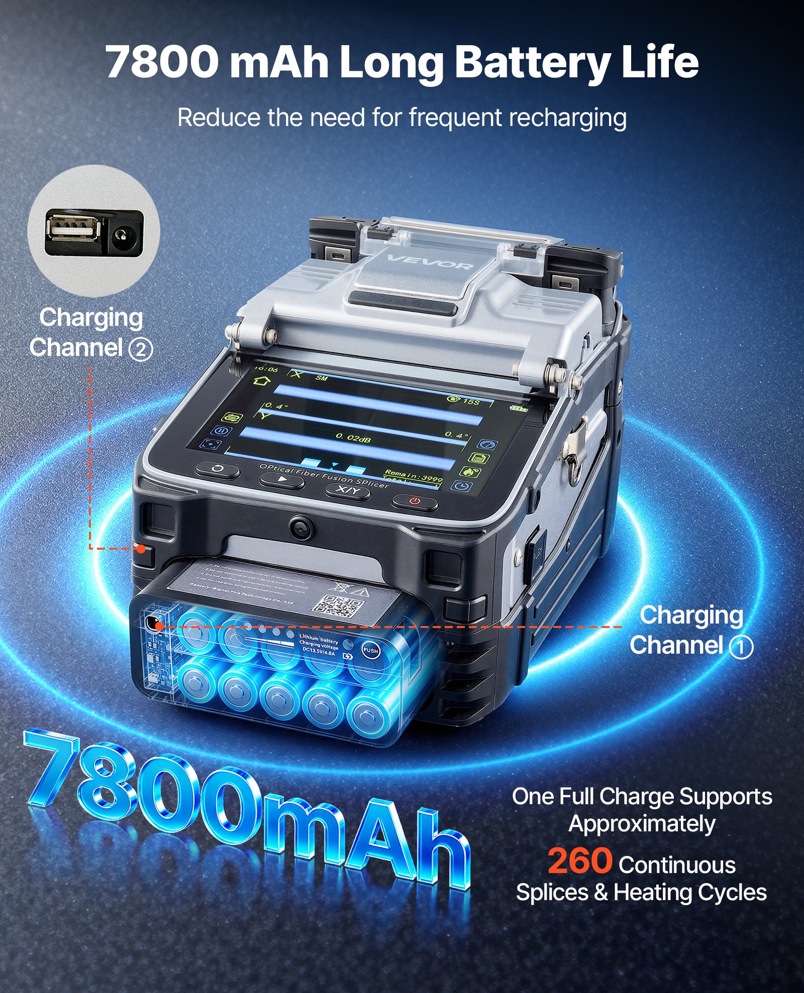 VEVOR Giuntatrice per Fibra Ottica AI-7C a 6 Motori Batteria da 7800 mAh, Tempo di Giunzione di 6 s e Riscaldamento di 15 s Allineamento del Nucleo Touchscreen da 5 Pollici Supporto Universale 3 in 1