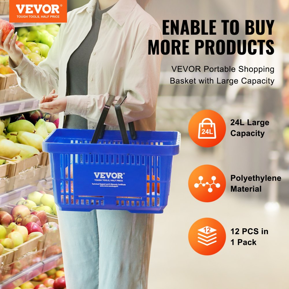 VEVOR Shopping Basket, Set of 12, 24L Robust Plastic Shopping Basket with Handle and Stand, 42 x 29 x 22 cm, Portable Shopping Basket in Bulk Pack for Grocery Shopping in Retail