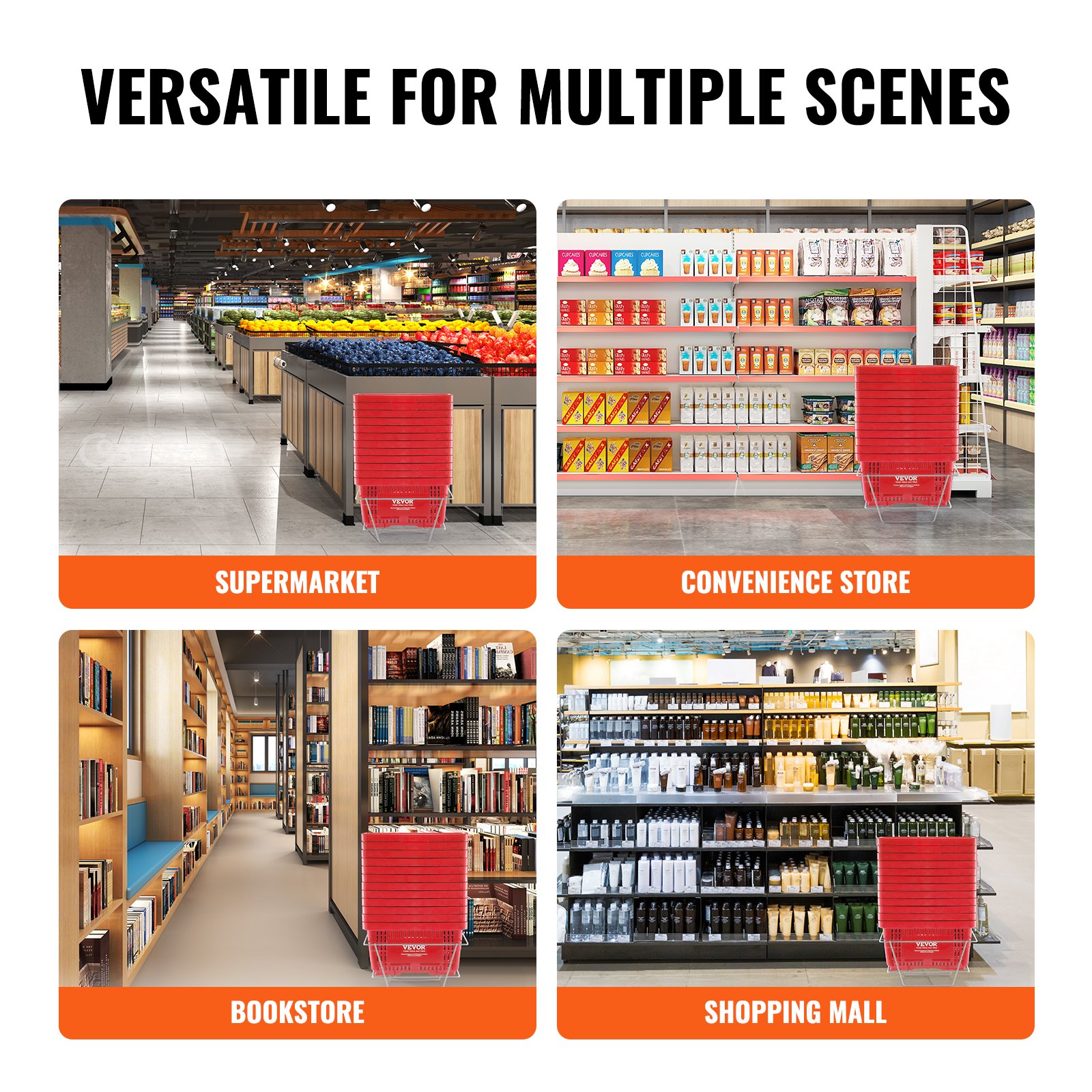 VEVOR Cestino della Spesa, Utilizzato Sfuso per Spesa Supermercato al Dettaglio, Cestino della Spesa Portatile, in Plastica Resistente con Manico Supporto, 24 Litri 12 Pezzi, 425 x 295 x 225 mm Rosso