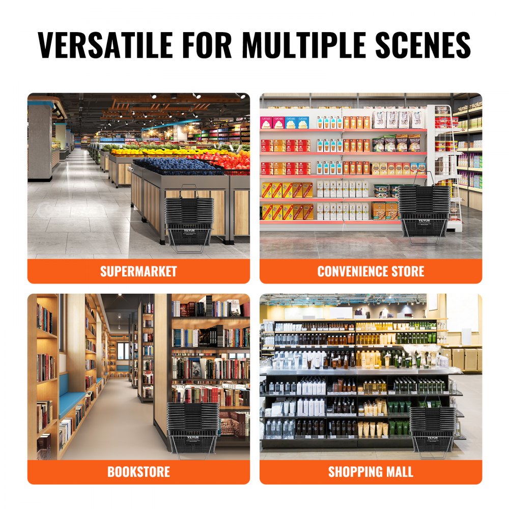 VEVOR Cestino per la Spesa in Plastica Resistente con Manico in Metallo e Supporto, Cestino per Negozio Portatile Utilizzato per la Spesa al Supermercato, 21 Litri Nero 425 x 305 x 218 mm 12 Pezzi
