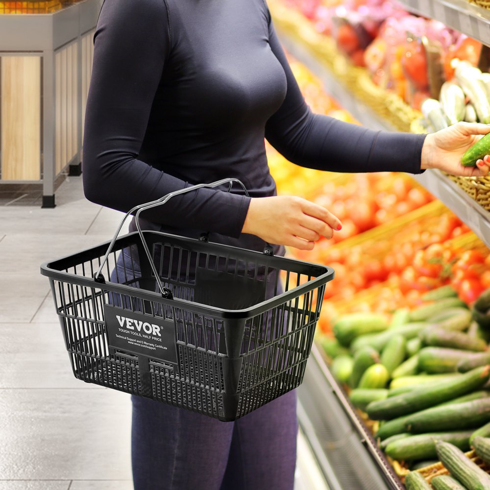 VEVOR Cestino per la Spesa in Plastica Resistente con Manico in Metallo e Supporto, Cestino per Negozio Portatile Utilizzato per la Spesa al Supermercato, 21 Litri Nero 425 x 305 x 218 mm 12 Pezzi