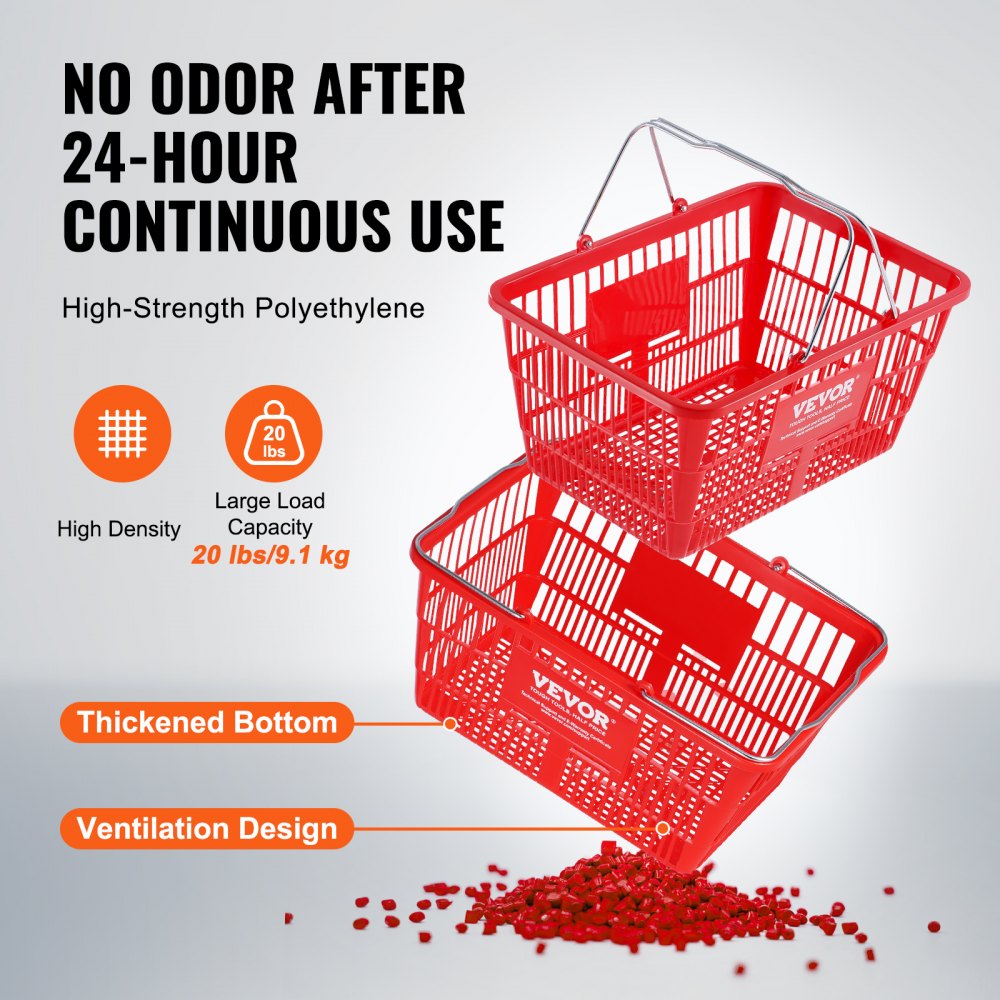 VEVOR Cestino per la Spesa in Plastica Resistente con Manico in Metallo e Supporto, Cestino per Negozio Portatile Utilizzato per la Spesa al Supermercato, 21 Litri Rosso 425 x 305 x 218 mm 12 Pezzi