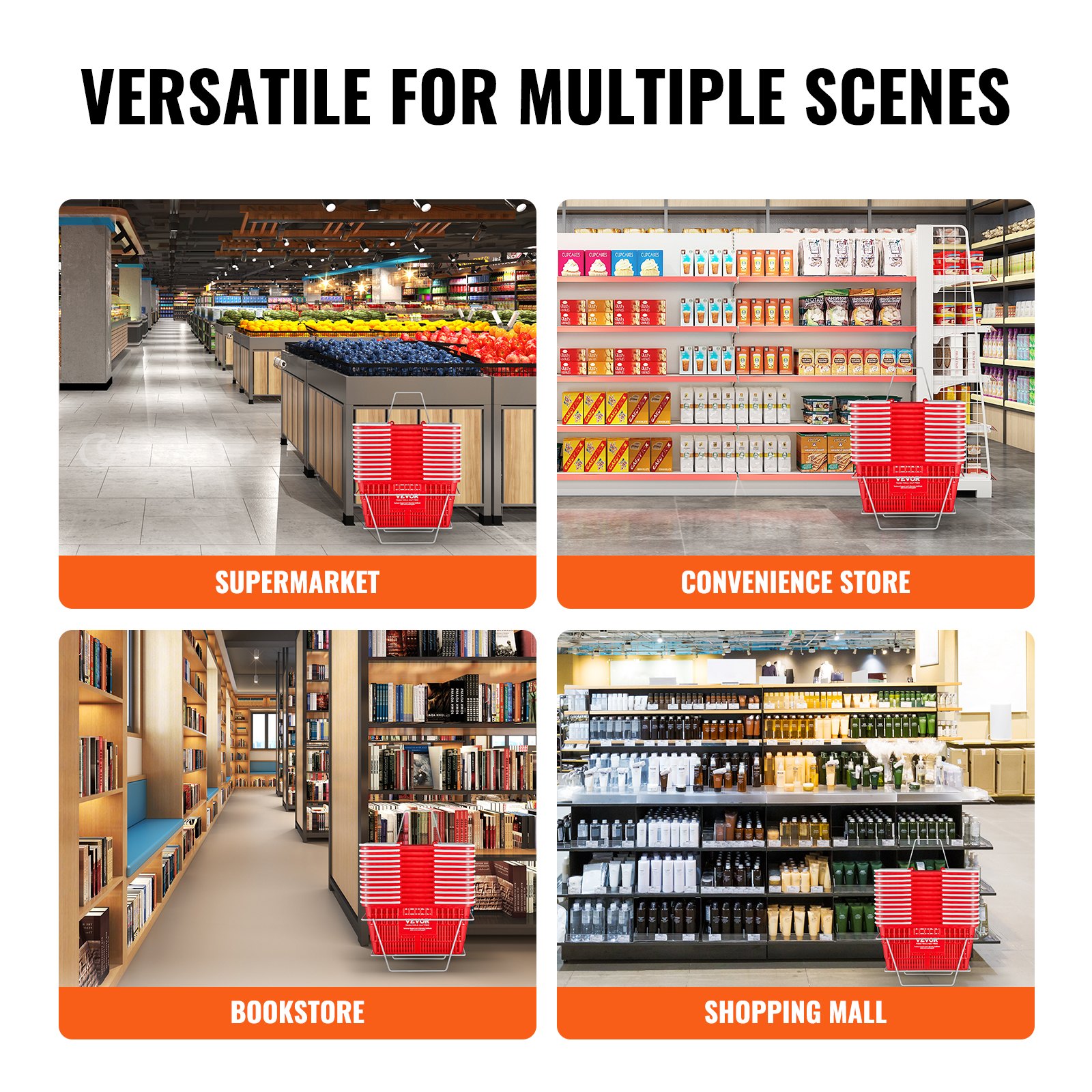 VEVOR Cestino della Spesa, Cestino della Spesa Portatile Utilizzato Sfuso per Spesa Supermercato al Dettaglio, in Plastica Resistente con Manico Supporto, 21 Litri 12 Pezzi, 420 x 300 x 210 mm Rosso