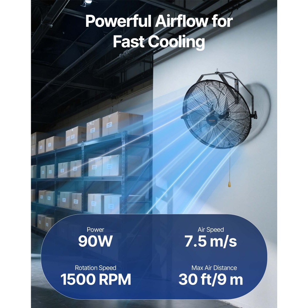VEVOR Wall Fan, 57 cm, Waterproof Oscillating Wall Fan, 3 Speeds, 4150 CFM, Commercial/Residential Fan for Cooling Warehouses, Greenhouses, Workshops, and Patios, Black