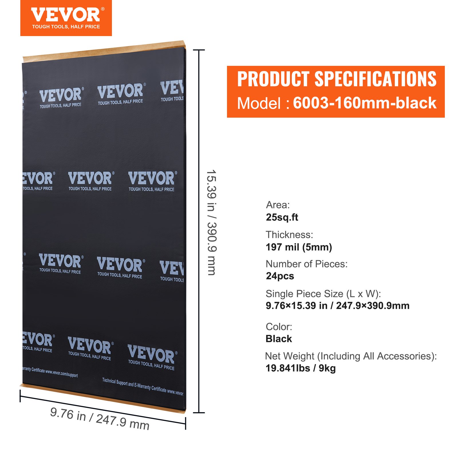 VEVOR Tappetino Fonoassorbente 5,1 mm Isolamento Acustico per Auto 2,3m² Materiale Fonoassorbente per Veicoli Gomma Butilica 247,9x390,9mm, Tappetino Tagliabile Isolante Antirumore per Veicoli Auto