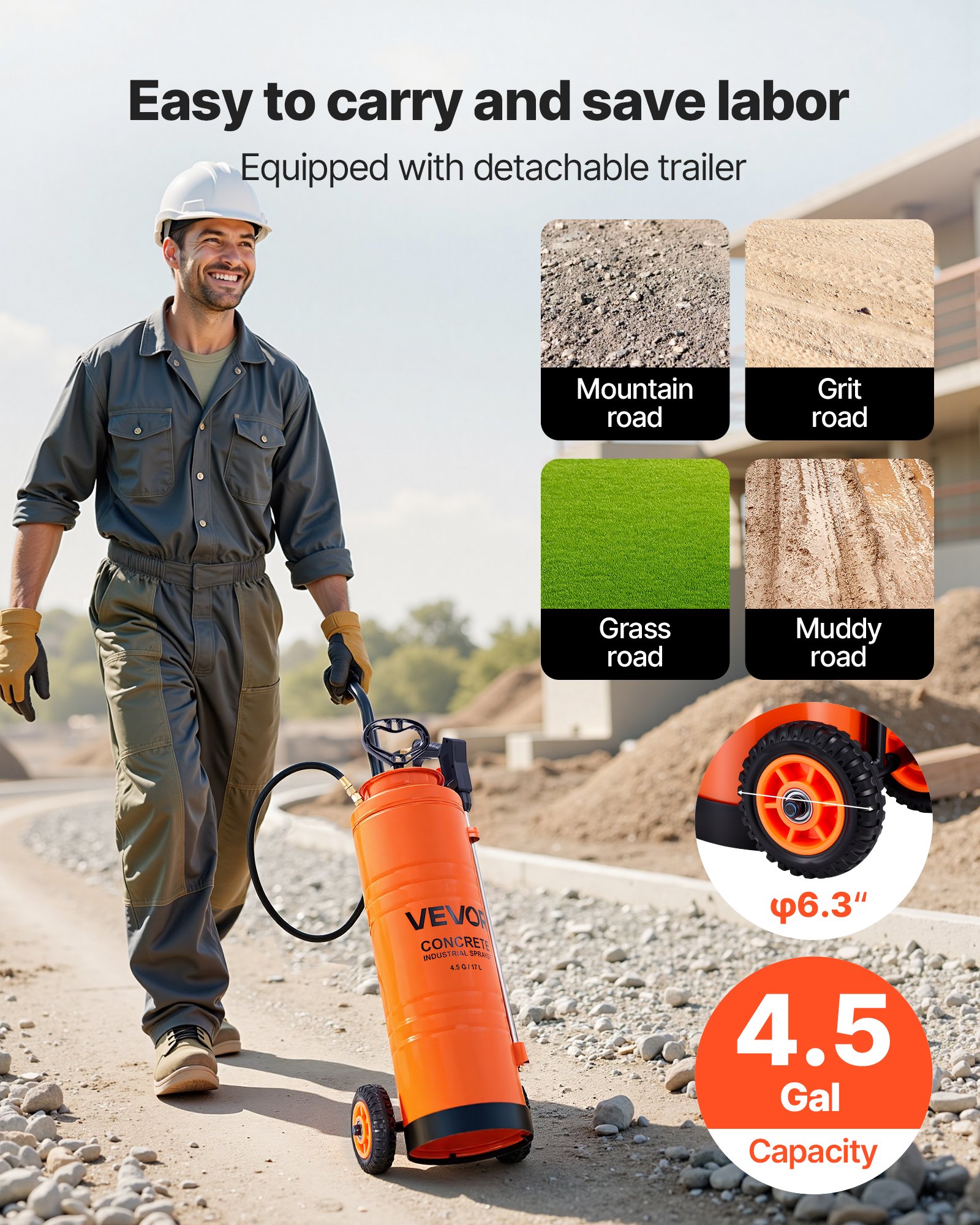 VEVOR Industrial Sprayer, 17L Large Capacity, Stainless Steel Concrete Sprayer with Ergonomic Handle & Removable Cart, 1.2 m & 3 m Hose, Concrete Sealer Sprayers for Form Oils Construction