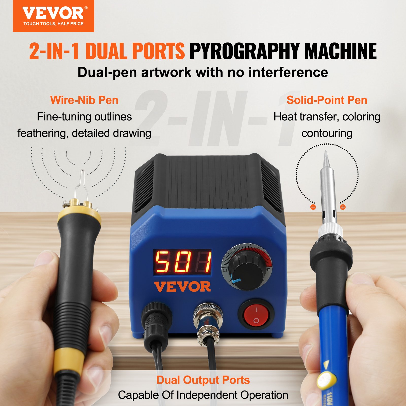 VEVOR Kit Pirografia per Legno Temperatura Regolabile 250~700°C con Display Bruciatore per Legno con 5 Punte Solide, Set di Strumenti Pirografo per Legno con Penna 2 Saldatori 2 Porte 23 Punte Filo