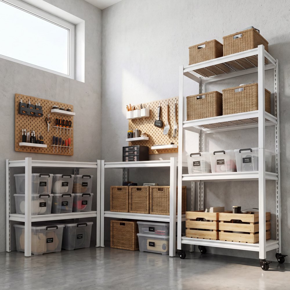 VEVOR Scaffalatura da Garage a 4 Ripiani con Ruote 76,2x31,3x160 cm Bianca, Portata Max. 362,9 kg, Struttura in Metallo Robusto, Ripiani Regolabili, per Garage, Cantina, Magazzino e Cucina, con Guanti