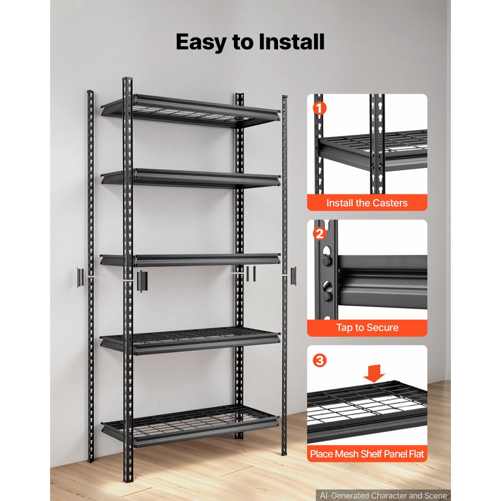 VEVOR Scaffalatura da Garage a 5 Ripiani, 92,3 x 41,5 x 181 cm Portata 907,2 kg, Struttura in Metallo Robusto, Ripiani in Rete Regolabili, per Garage, Cantina, Magazzino e Cucina, con Guanti, Nera