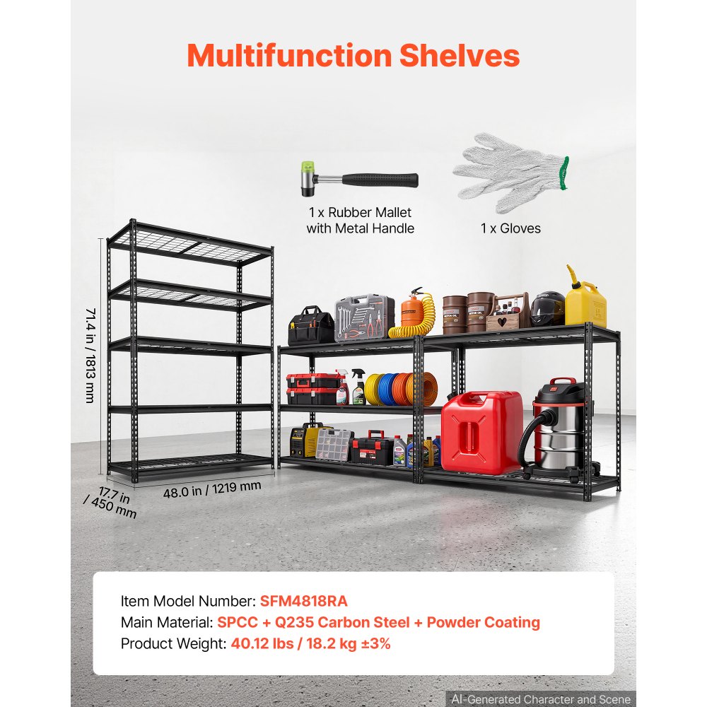 VEVOR Scaffalatura da Garage a 5 Ripiani, 122x45x181,3 cm Portata 1134 kg, Scaffale Struttura in Metallo Robusto, Ripiani in Rete Regolabili, per Garage, Cantina, Magazzino e Cucina, con Guanti, Nera