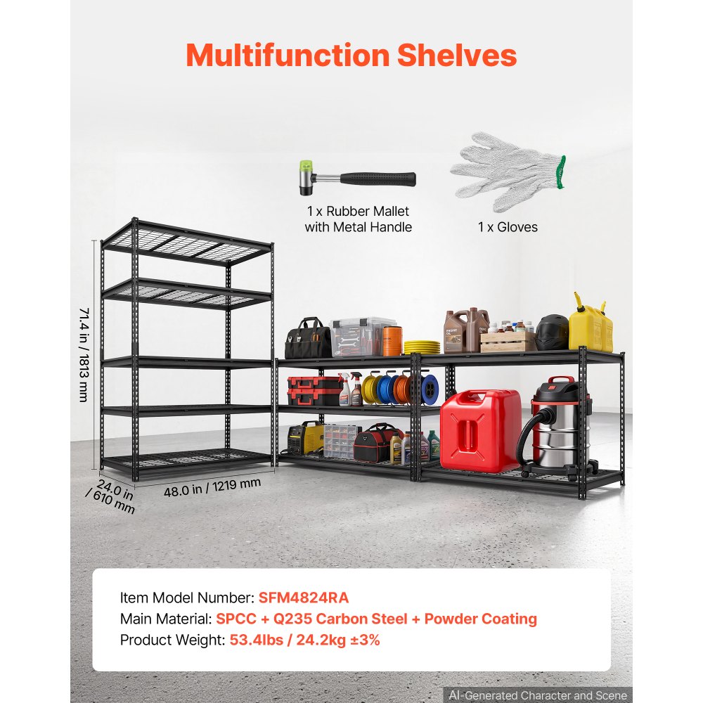 VEVOR Scaffalatura da Garage a 5 Ripiani 122x61x181,3 cm Portata 1361 kg, Scaffale Struttura in Metallo Robusto, Ripiani in Rete Regolabili, per Garage, Cantina, Magazzino e Cucina, con Guanti, Nera