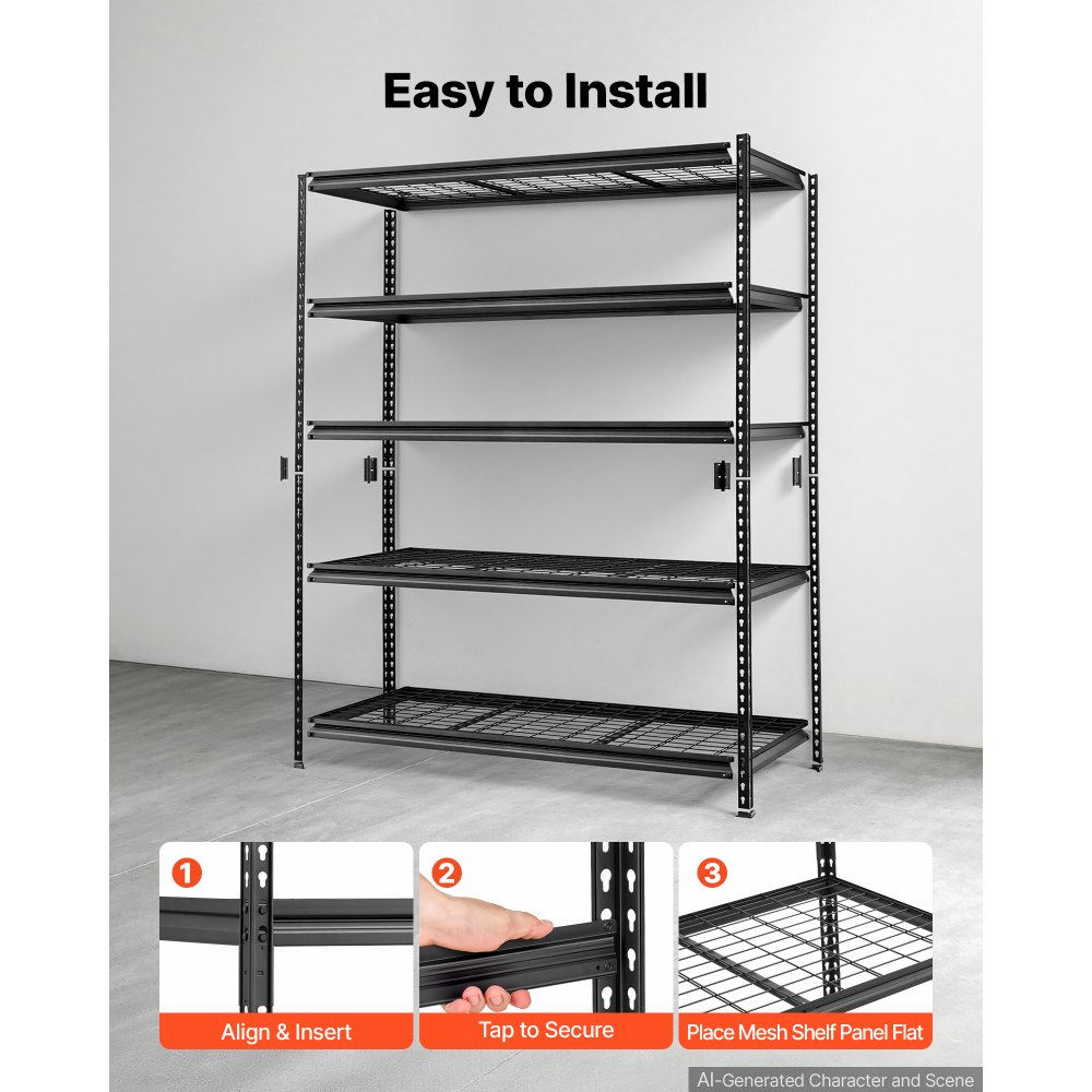 VEVOR Scaffalatura da Garage a 5 Ripiani 153 x 61,2 x 195,8 cm Portata 1361 kg, Struttura in Metallo Robusto, Ripiani in Rete Regolabili, per Garage, Cantina, Magazzino, Officina, con Guanti, Nera