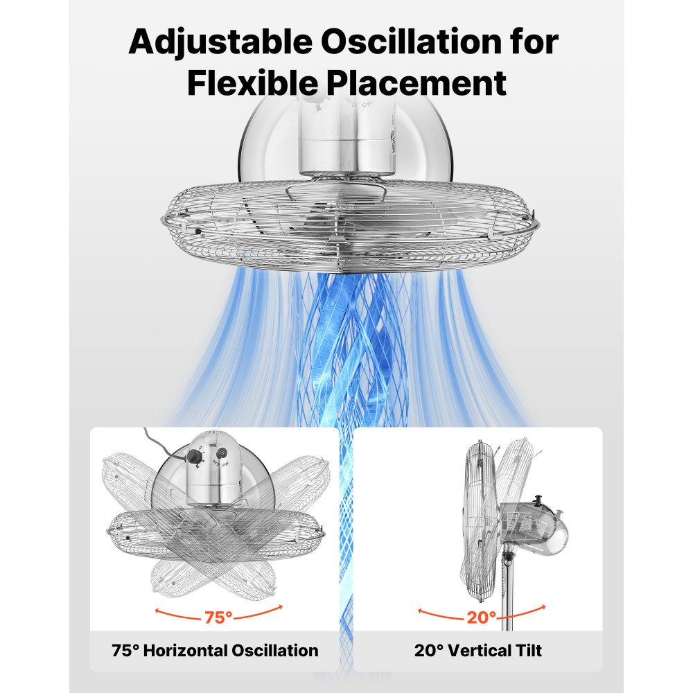 VEVOR Ventilatore a Piantana Industriale 55W, Ventilatore a Piedistallo Oscillante Max 75° con 3 Velocità a Basso Rumore, in Acciaio Colore Argento, per Uso Commerciale Garage Negozi Fabbriche