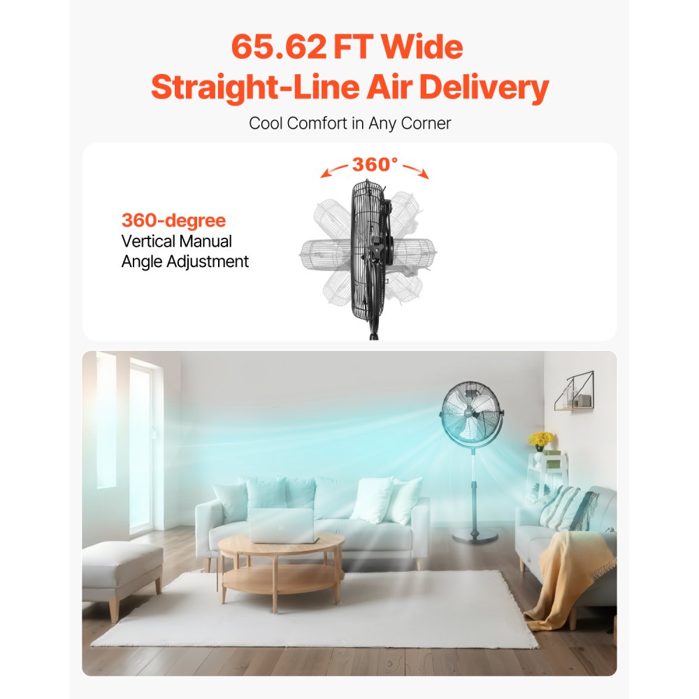 VEVOR Ventilatore da Pavimento, Ventilatore Angolo Regolabile Manuale da 18 pollici Flusso d'Aria 110 W 3 Velocità Regolabili, per Camera da Letto, Soggiorno, Casa, Ufficio, Nero