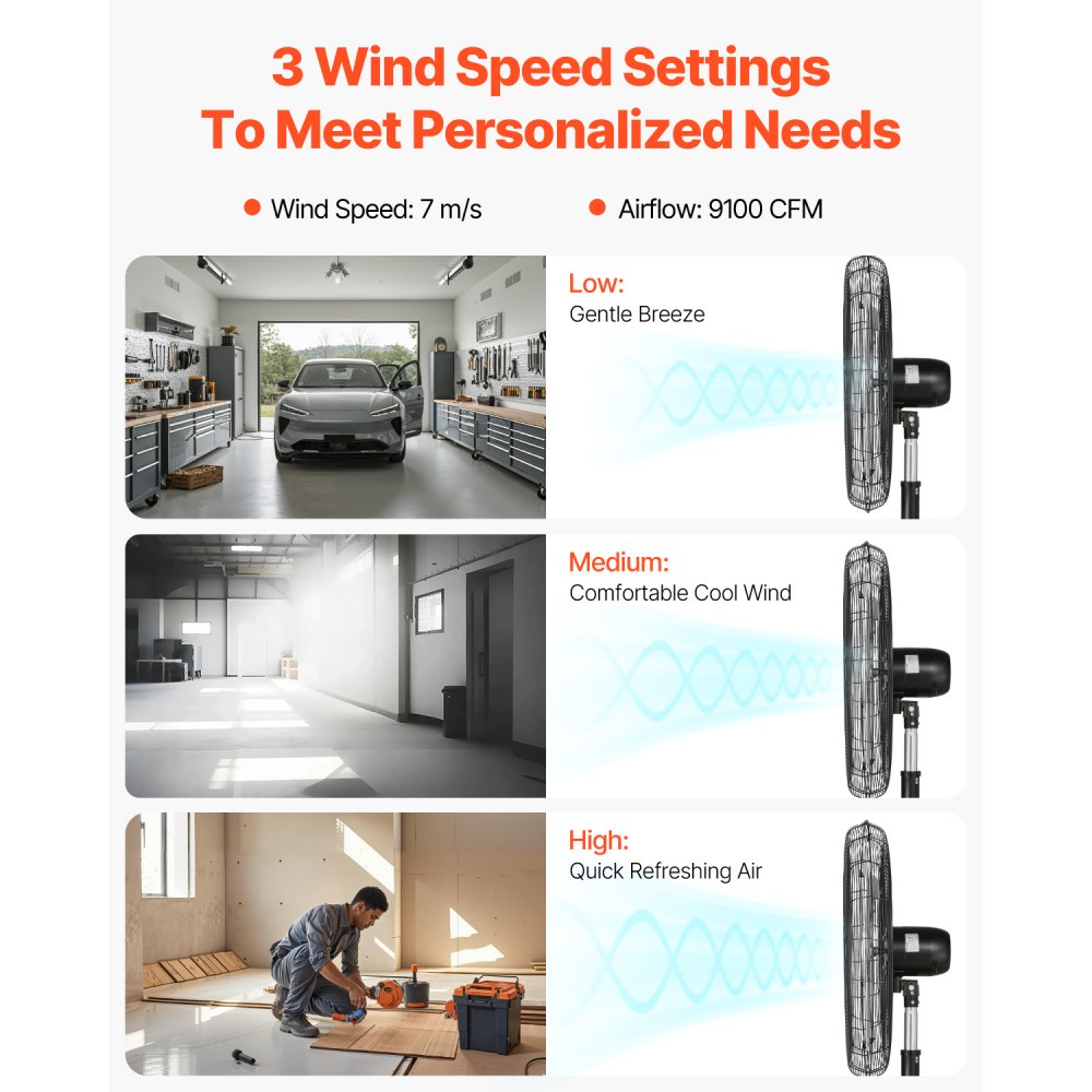 VEVOR Industrial Pedestal Fan, 810 mm, 85-Degree Oscillation Fan, Height-Adjustable Fans with 3 Adjustable Speeds, Wind Machine for Workshop, Warehouse, Black