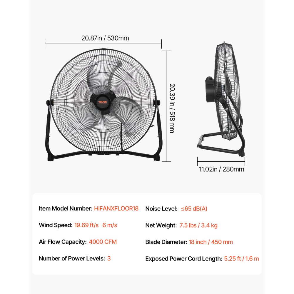 VEVOR Floor Fan, 3 Speeds, Wind Machine, 45 cm Standing Fan, 360° Adjustable Tilt, 6 m/s Airflow, Large Metal Fan, for Home, Gym, Office, Garage, Shop