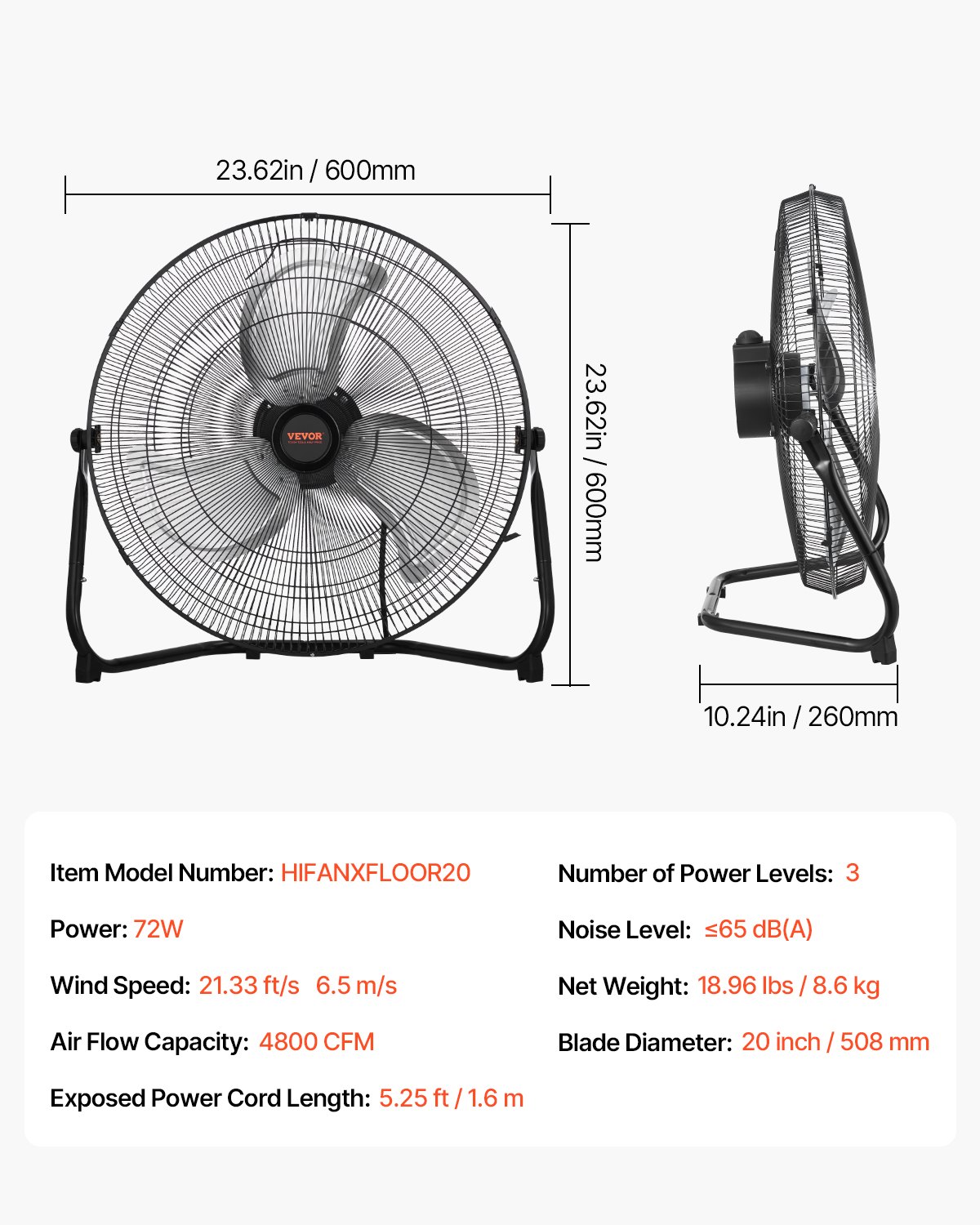 VEVOR Floor Fan, 3 Speeds, Wind Machine, 508 mm, 4800 CFM, 360° Adjustable Tilt, 6.5 m/s Airflow, Large Metal Fan, for Home, Gym, Office, Garage, Commercial Store
