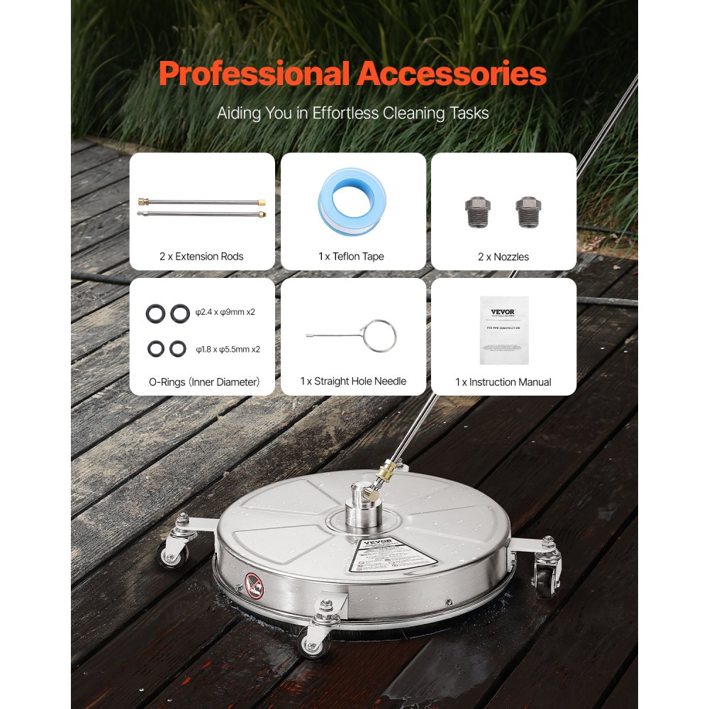 VEVOR Idropulitrice per Superfici in Acciaio Inossidabile con 4 Ruote, 275,8 bar Max, Connettore Rapido da 1/4, 2 Ugelli a Spruzzo, 2 Lance Estese, per Cemento, Patio, Marciapiede 465 mm