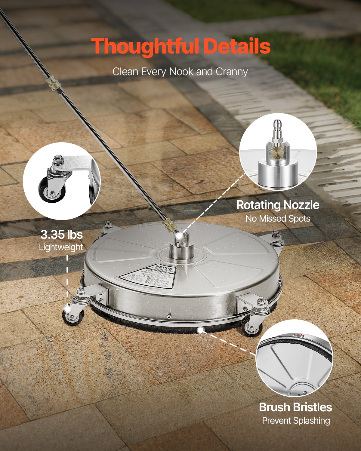 VEVOR Idropulitrice per Superfici in Acciaio Inossidabile con 4 Ruote, 275,8 bar Max, Connettore Rapido da 1/4, 2 Ugelli a Spruzzo, 2 Lance Estese, per Cemento, Patio, Marciapiede 465 mm
