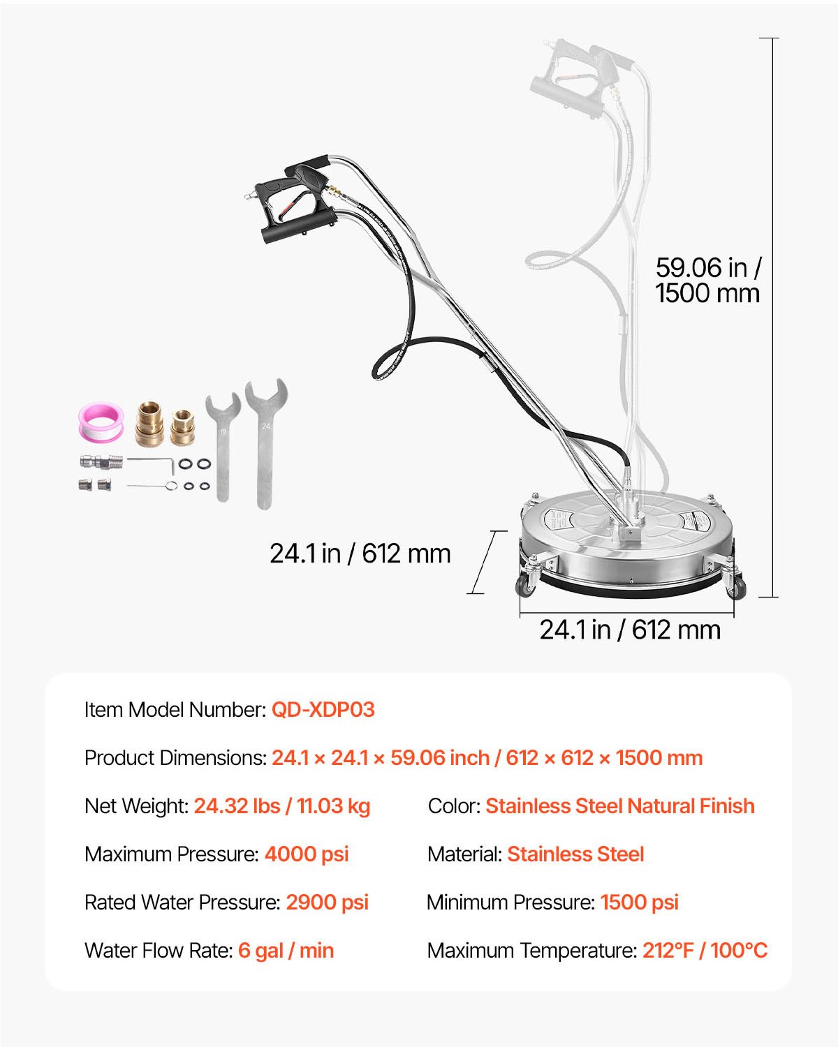 VEVOR Idropulitrice per Superfici in Acciaio Inossidabile con 4 Ruote, 275,8 bar Max, Connettore Rapido da 3/8, 2 Ugelli di Spruzzo, Doppia Impugnatura, per Cemento, Patio, Marciapiede 612 mm