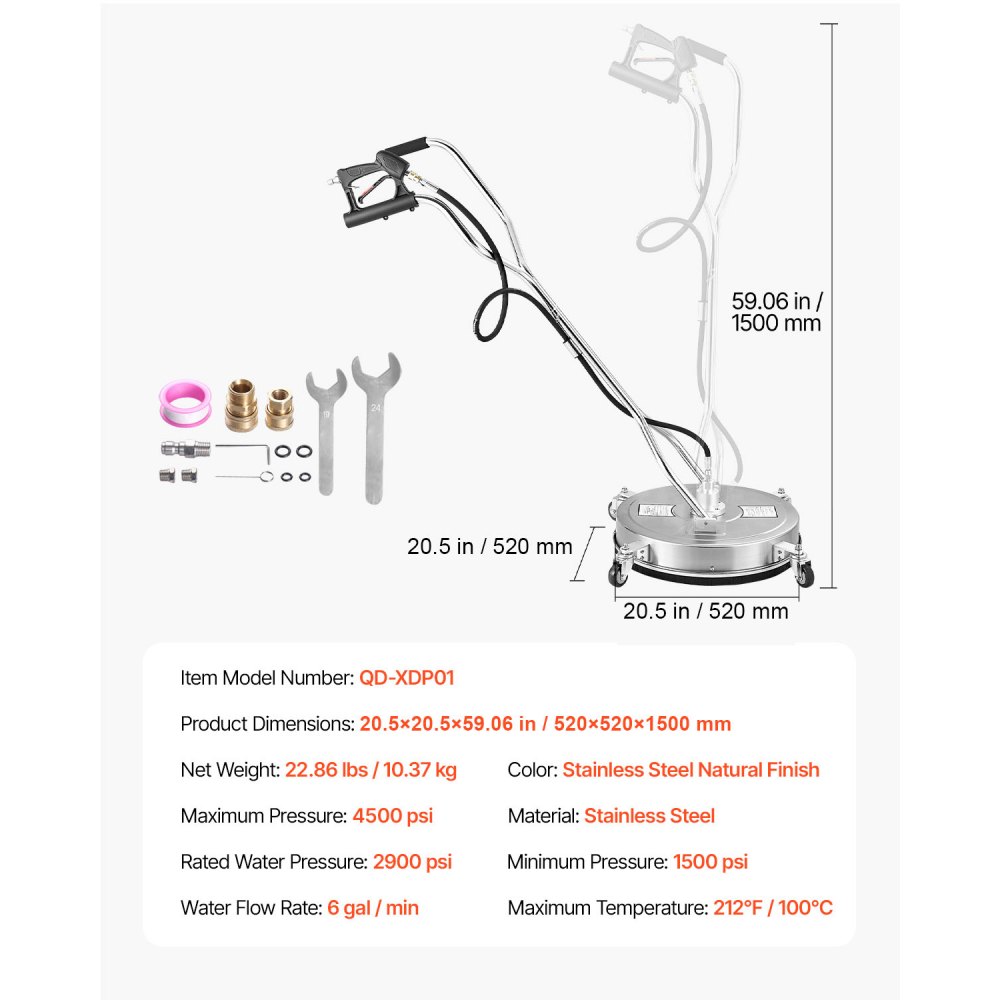 VEVOR Idropulitrice per Superfici in Acciaio Inossidabile con 4 Ruote, 275,8 bar Max, Connettore Rapido da 3/8, 2 Ugelli di Spruzzo, Doppia Impugnatura, per Cemento, Patio, Marciapiede 10,37 kg