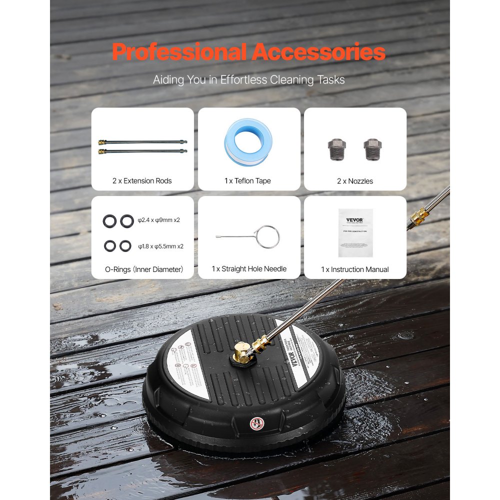 VEVOR Idropulitrice per Superfici in Plastica con 4 Ruote, 206,8 bar Max, Connettore Rapido da 1/4, 2 Ugelli a Spruzzo, 2 Lance Estese, per Cemento, Patio, Marciapiede, 385 mm, Nero