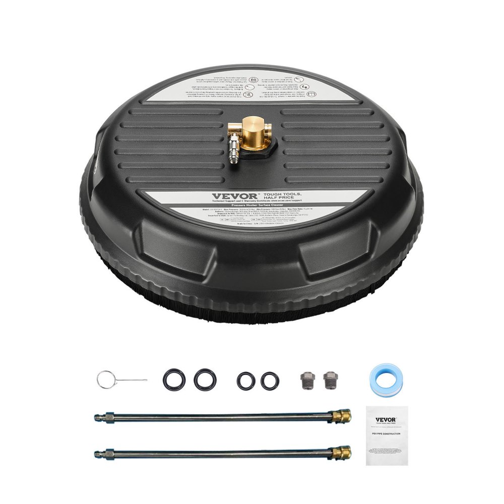VEVOR Idropulitrice per Superfici in Plastica con 4 Ruote, 206,8 bar Max, Connettore Rapido da 1/4, 2 Ugelli a Spruzzo, 2 Lance Estese, per Cemento, Patio, Marciapiede, 385 mm, Nero