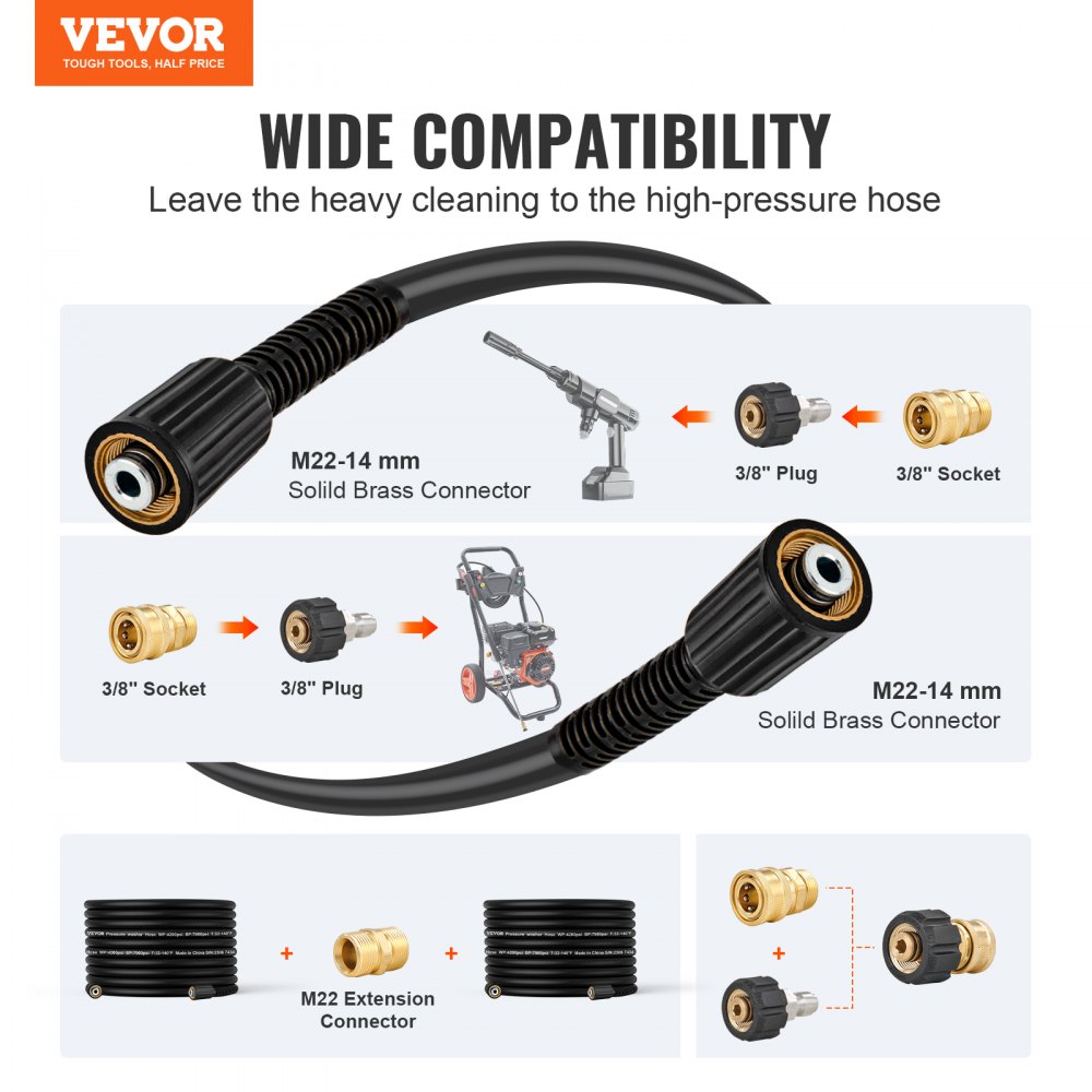 VEVOR VEVOR Tubo per Idropulitrice 30,5 cm ∅6,4 mm M22-14 mm, Filettatura  in Ottone di Ricambio Idropulitrice Alta Compatibilità, Raggio di Curvatura  3/4, Tubo di Ricambio per Prolunga per Idropulitrice