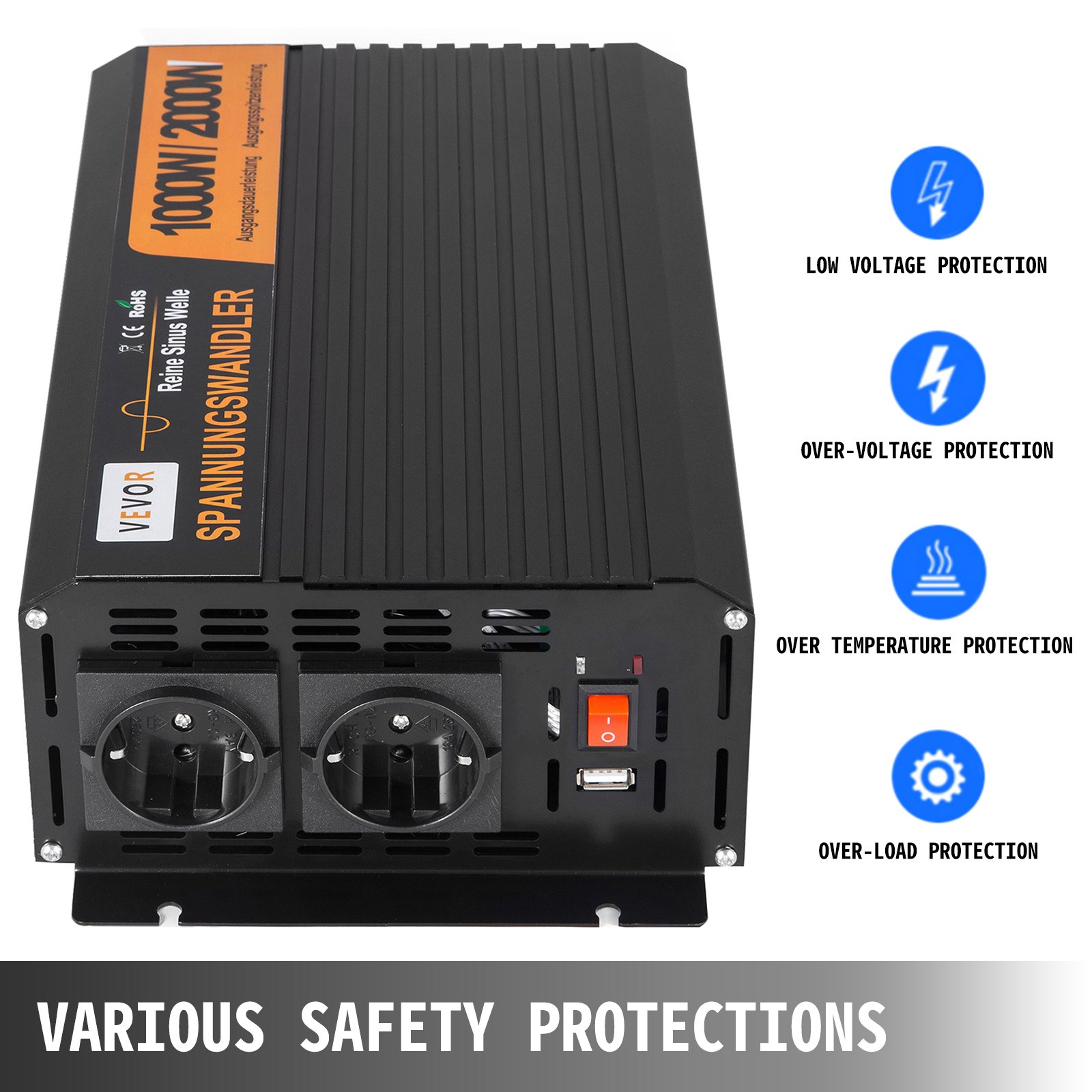 Inverter Onda Sinusoidale Pura 1000 W 2000w 12v 220v 230v Convertitore Sortstart