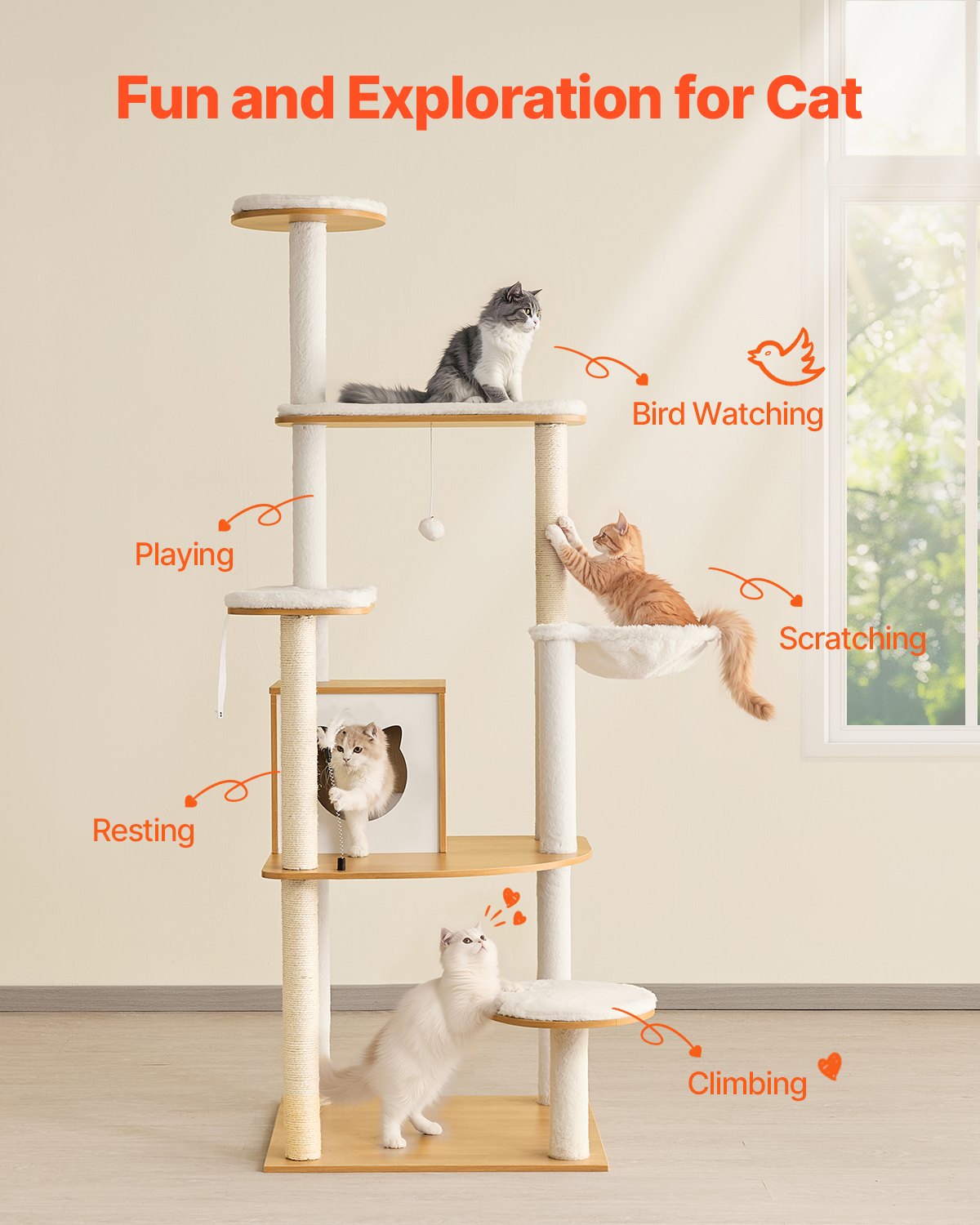 VEVOR Cat Tree, 600x600x1750mm Large Climbing Tree, Cat Scratching Post, Multi-Level Indoor Activity Center with Comfortable Perch, Sisal Cat Tree, Hammock, Playhouse Resting Place for Kittens