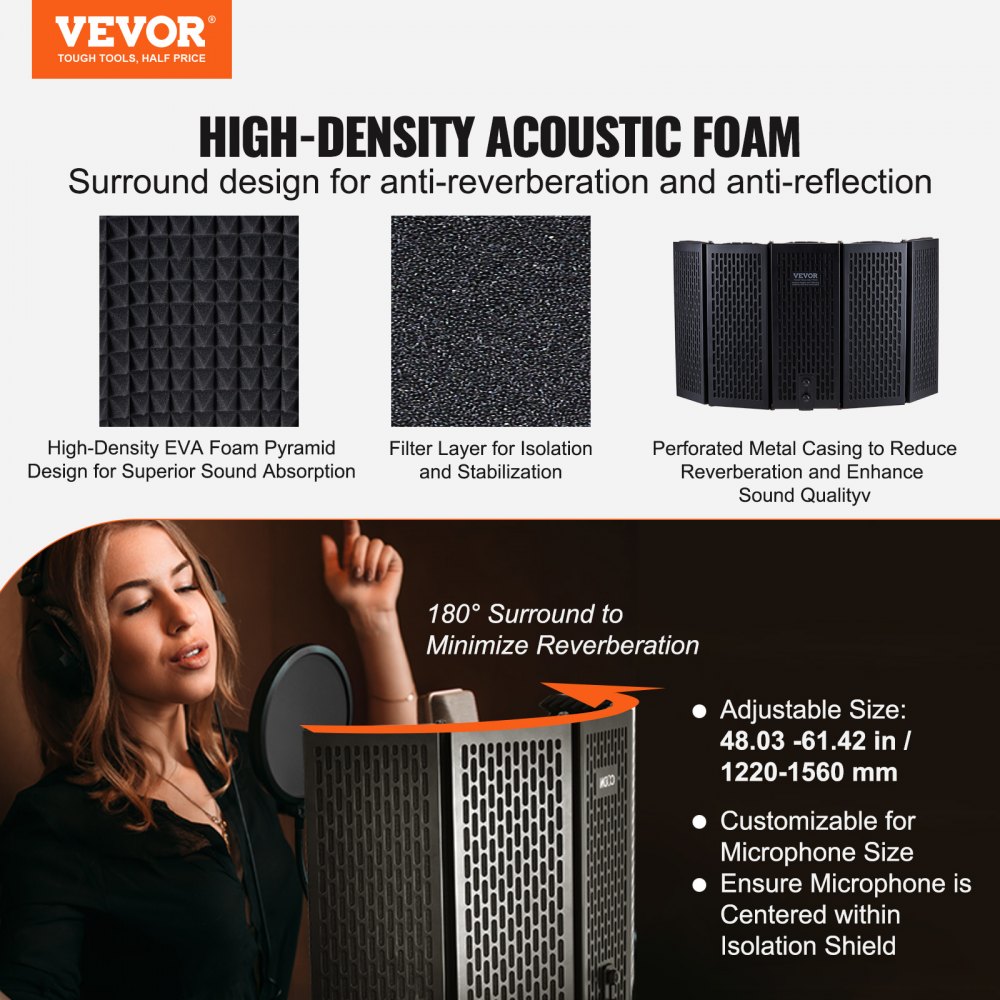VEVOR Schermo di Isolamento Acustico per Microfono da Studio a 5 Pannelli con Filtro Anti-pop, Supporto da Pavimento Regolabile, Pannello per Registrazione da Studio, Schermo Acustico